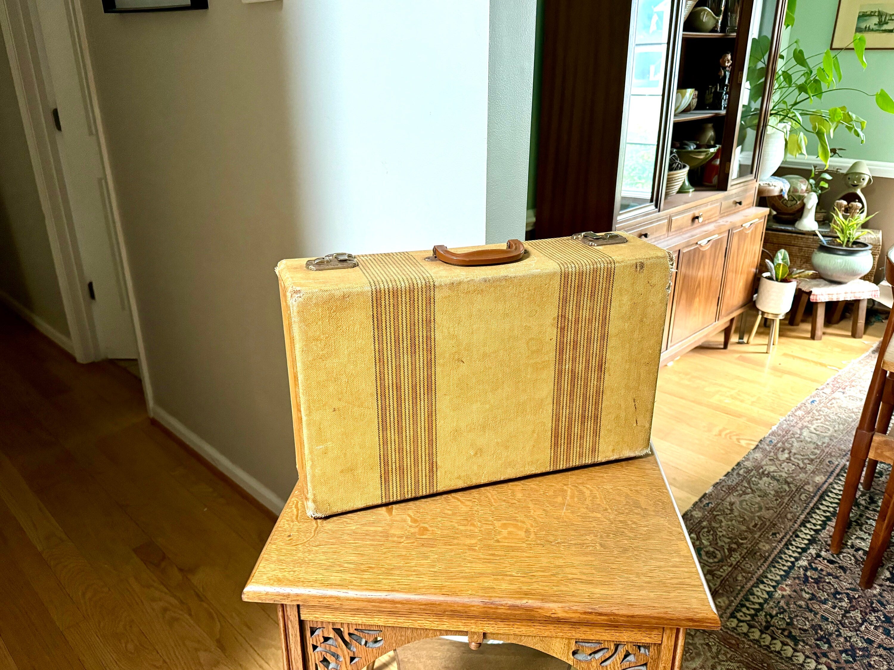 Vintage Wrapped Wood Distressed Hardshell Suitcase | Rustic Striped Hardshell Suitcase | MCM Suitcase | Overnight Bag | Antique Suitcase