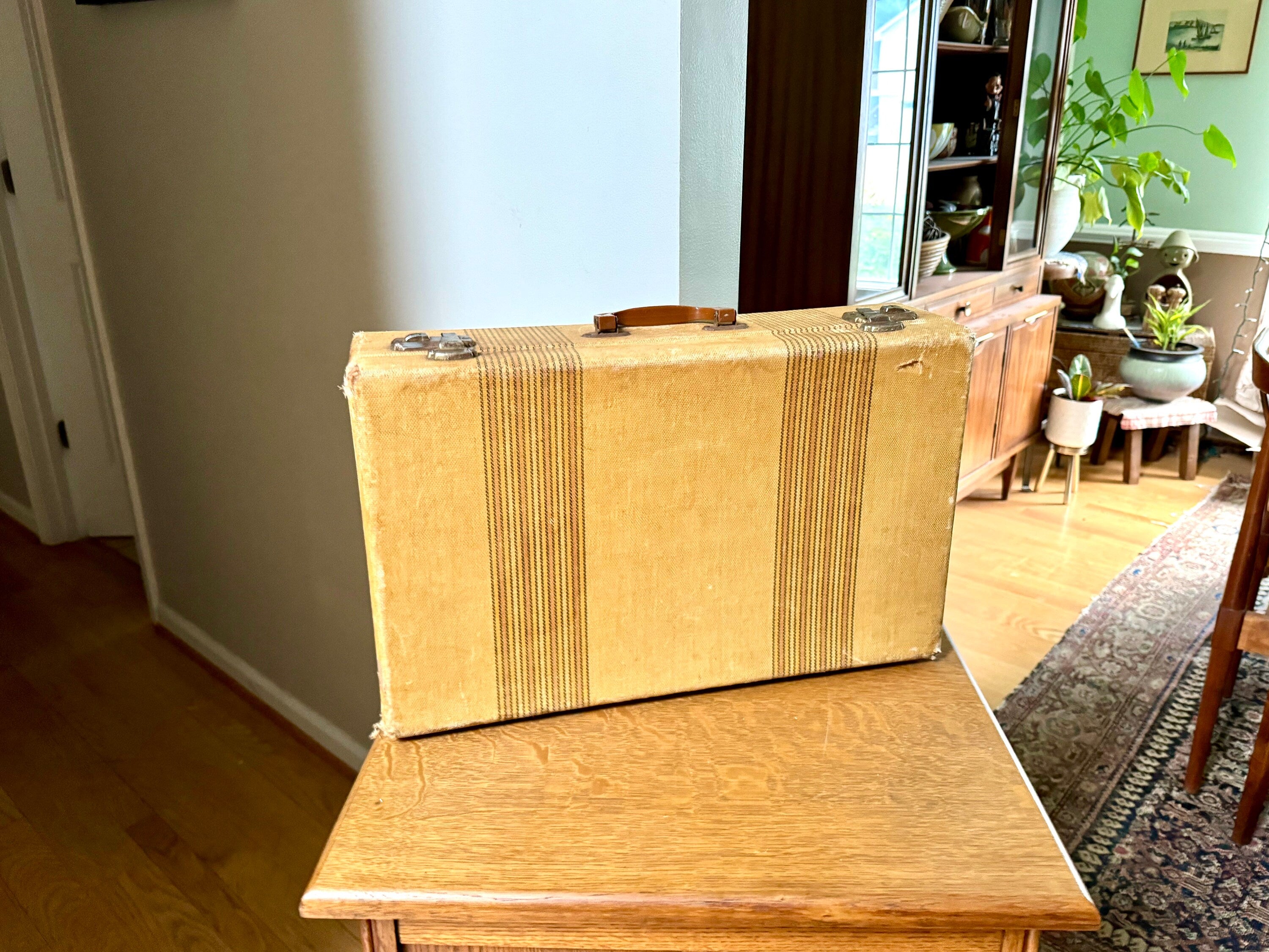 Vintage Wrapped Wood Distressed Hardshell Suitcase | Rustic Striped Hardshell Suitcase | MCM Suitcase | Overnight Bag | Antique Suitcase