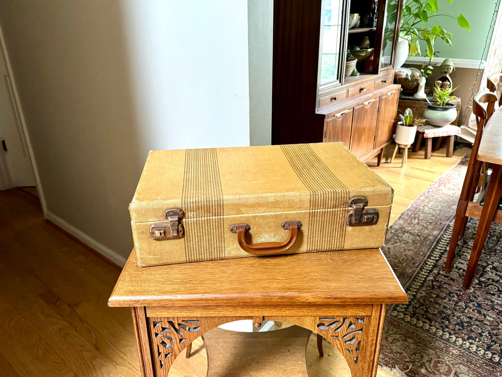 Vintage Wrapped Wood Distressed Hardshell Suitcase | Rustic Striped Hardshell Suitcase | MCM Suitcase | Overnight Bag | Antique Suitcase