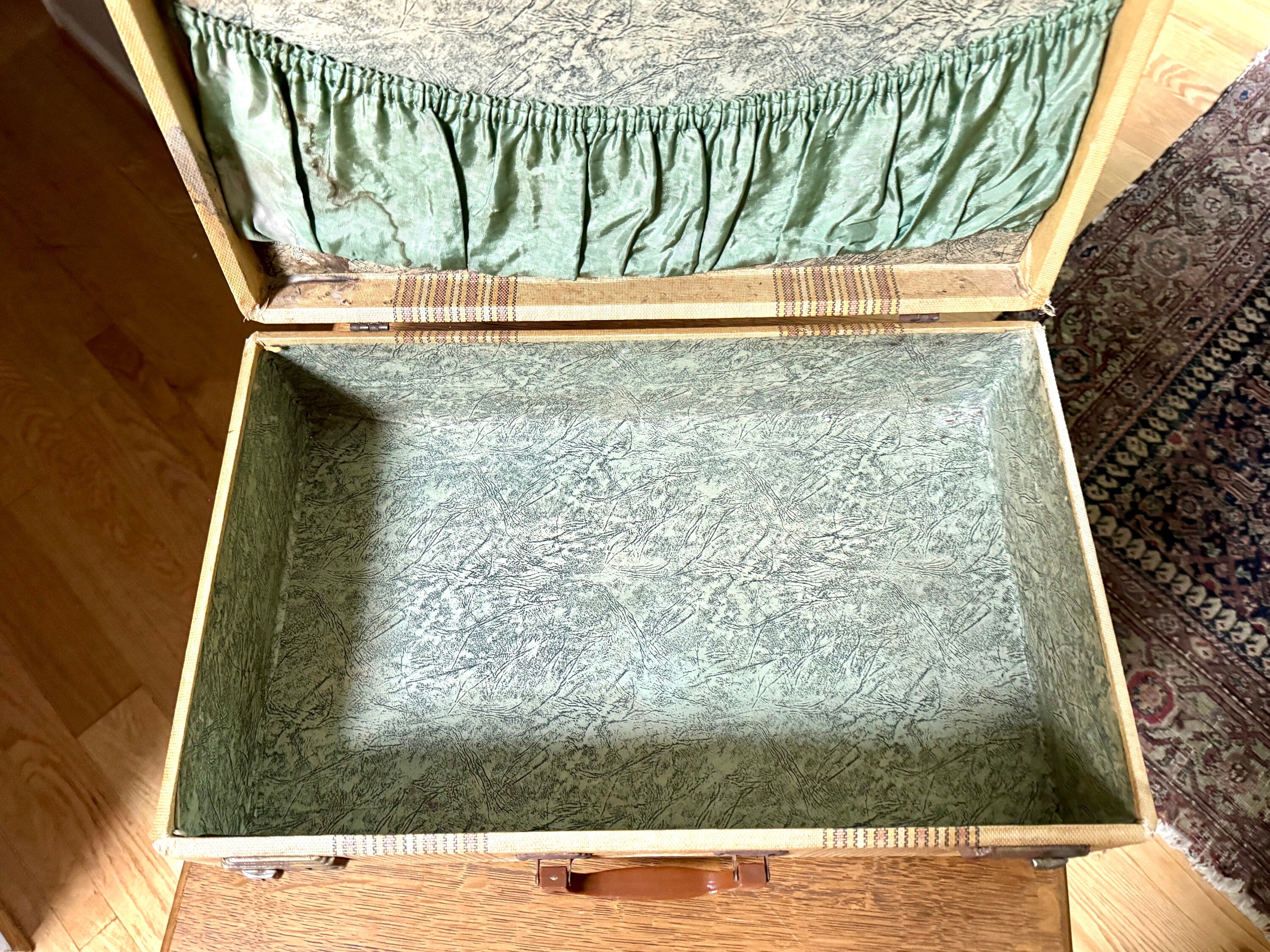 Vintage Wrapped Wood Distressed Hardshell Suitcase | Rustic Striped Hardshell Suitcase | MCM Suitcase | Overnight Bag | Antique Suitcase