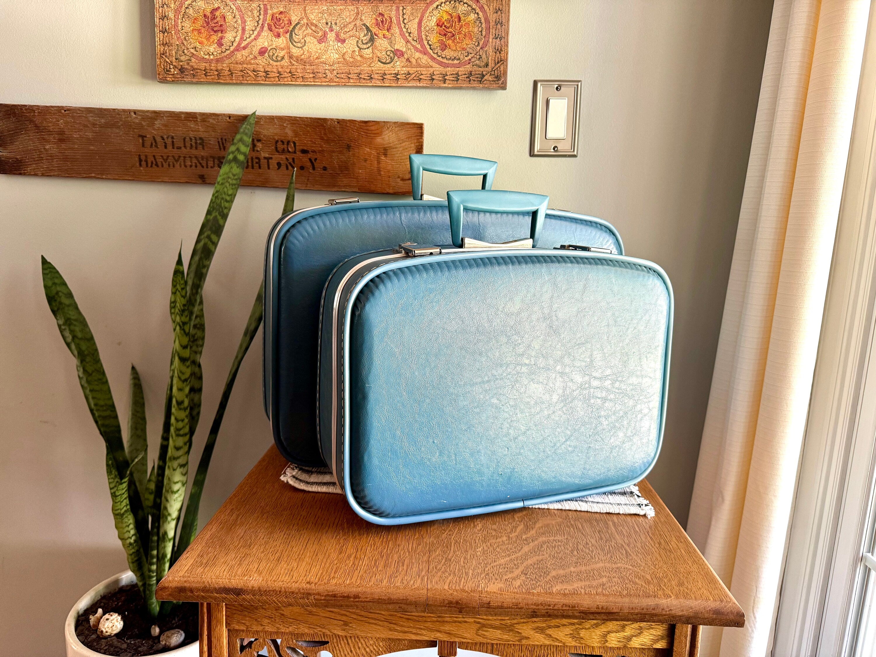 Pair of Small Blue Vinyl Suitcases | Vintage Blue Vinyl Overnight Bags | Small Blue Vinyl Weekenders | Nesting Suitcases | Blue Kids Suitcase