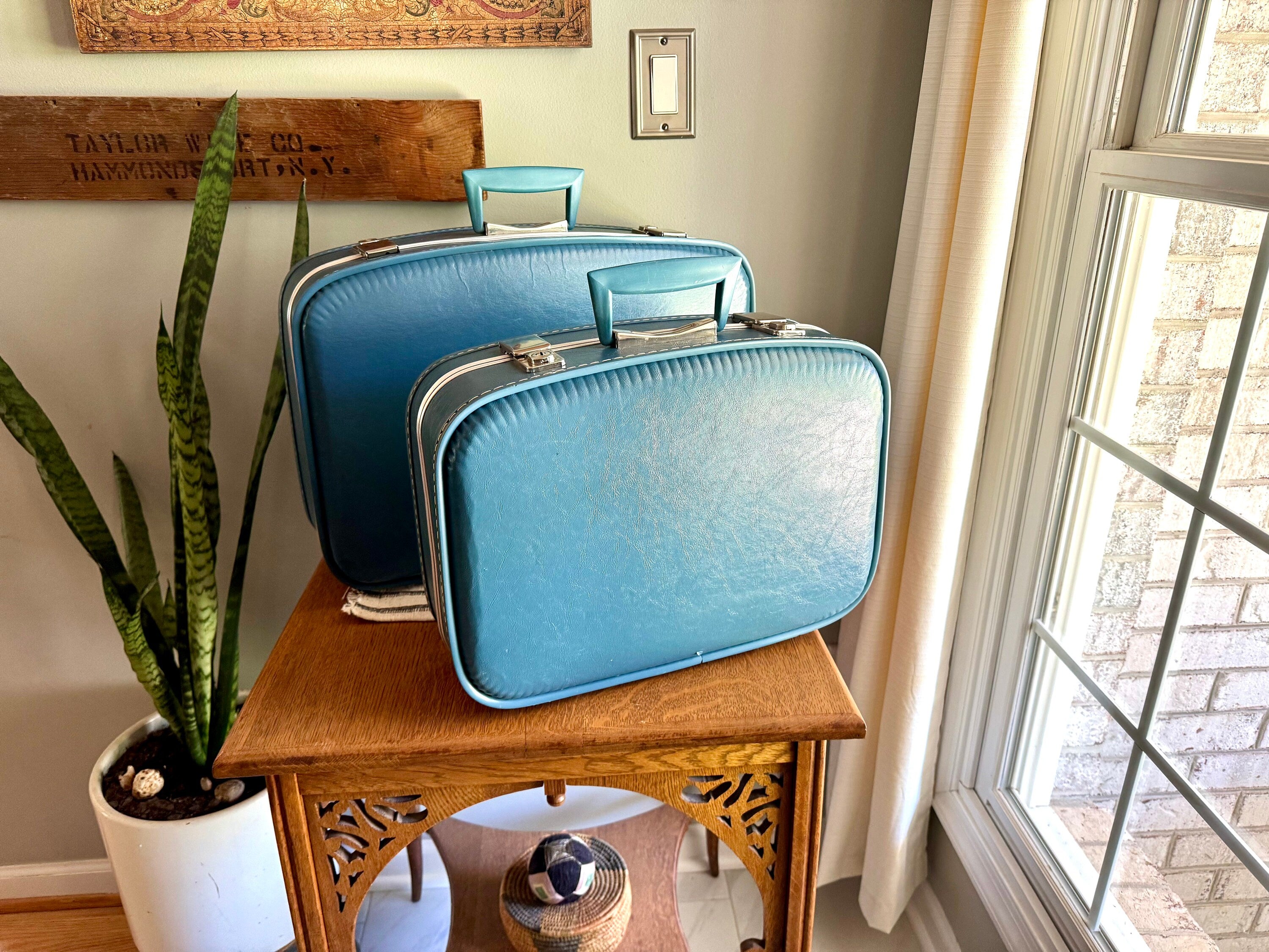 Pair of Small Blue Vinyl Suitcases | Vintage Blue Vinyl Overnight Bags | Small Blue Vinyl Weekenders | Nesting Suitcases | Blue Kids Suitcase