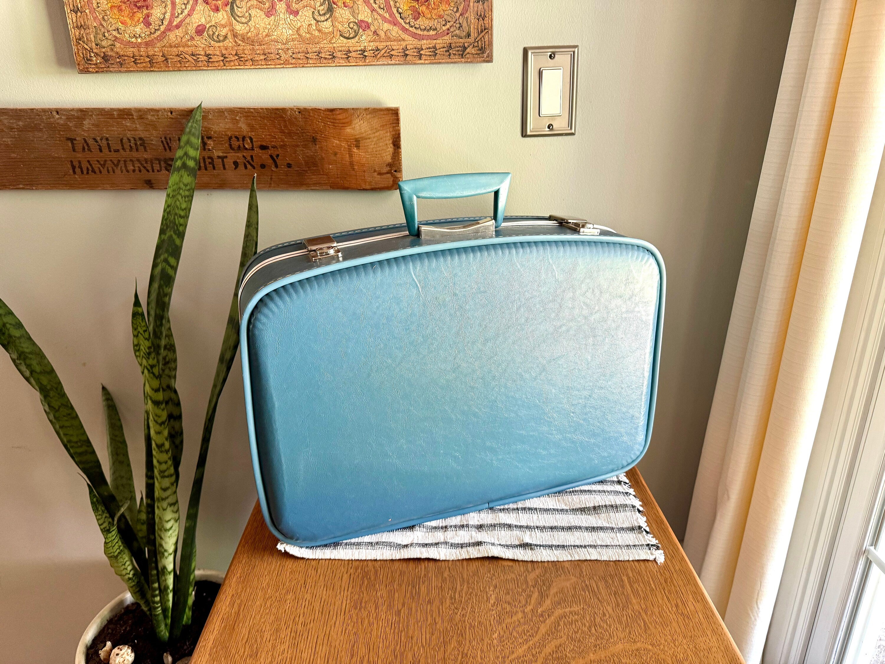 Pair of Small Blue Vinyl Suitcases | Vintage Blue Vinyl Overnight Bags | Small Blue Vinyl Weekenders | Nesting Suitcases | Blue Kids Suitcase