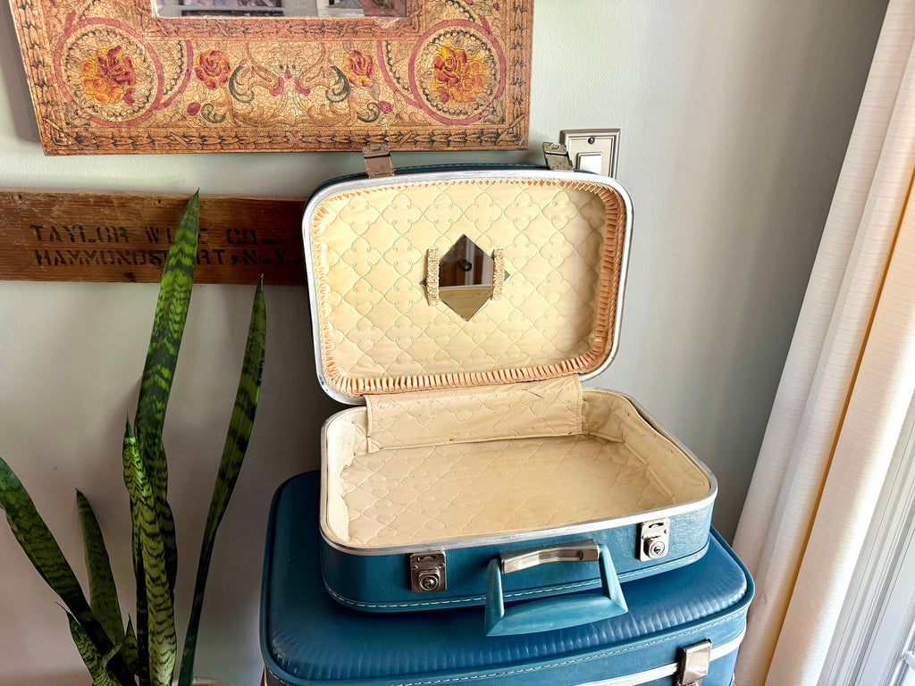 Pair of Small Blue Vinyl Suitcases | Vintage Blue Vinyl Overnight Bags | Small Blue Vinyl Weekenders | Nesting Suitcases | Blue Kids Suitcase