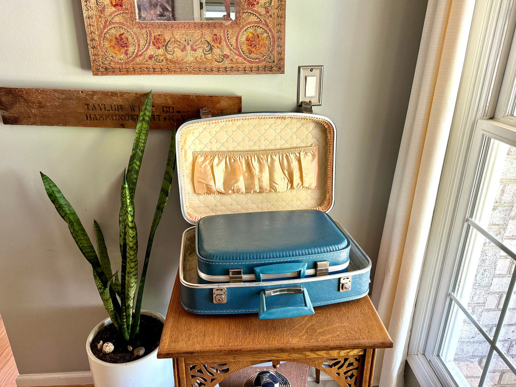 Pair of Small Blue Vinyl Suitcases | Vintage Blue Vinyl Overnight Bags | Small Blue Vinyl Weekenders | Nesting Suitcases | Blue Kids Suitcase