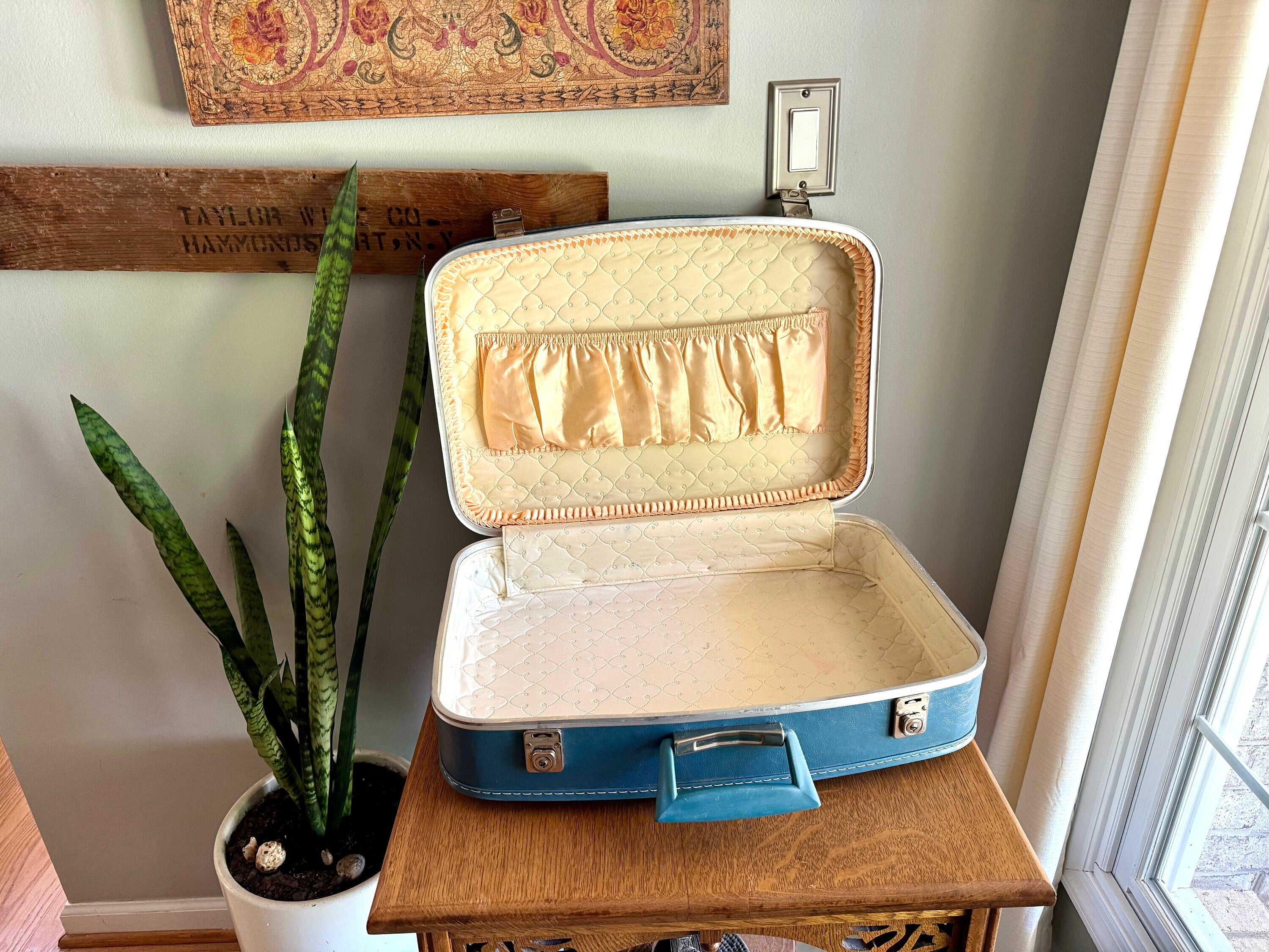 Pair of Small Blue Vinyl Suitcases | Vintage Blue Vinyl Overnight Bags | Small Blue Vinyl Weekenders | Nesting Suitcases | Blue Kids Suitcase