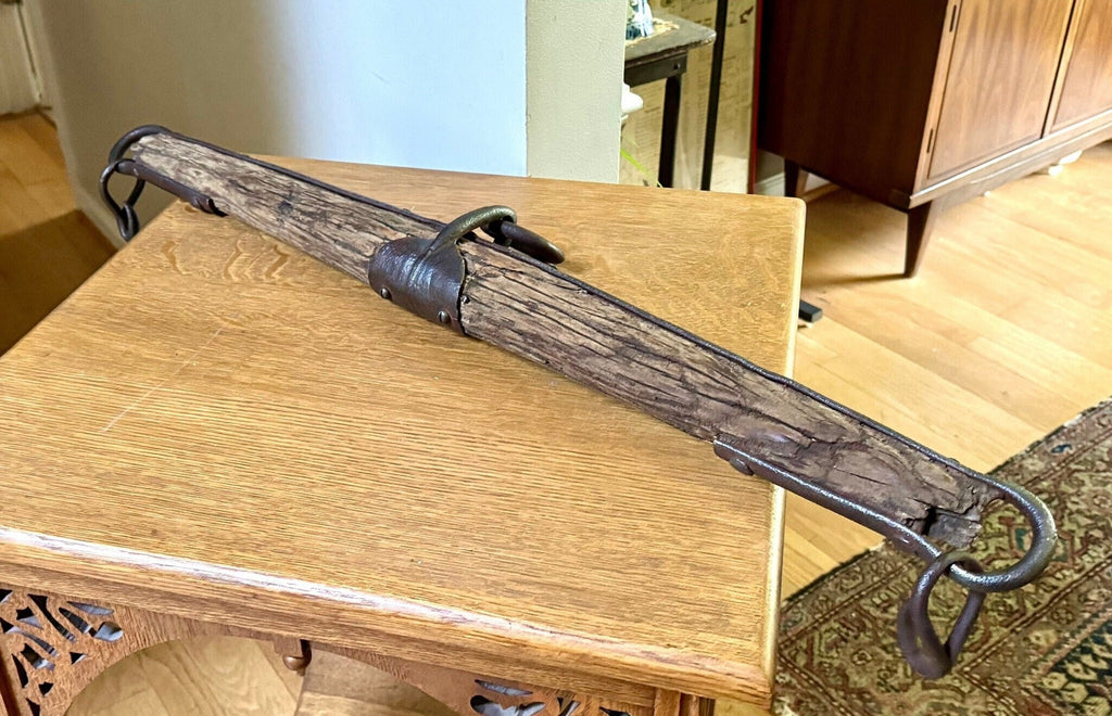 Antique Single Tree Weathered Yoke | Small Primitive Ox Yoke | Rustic Wood and Hand Forged Steel Ox Yoke | Farmhouse Decor