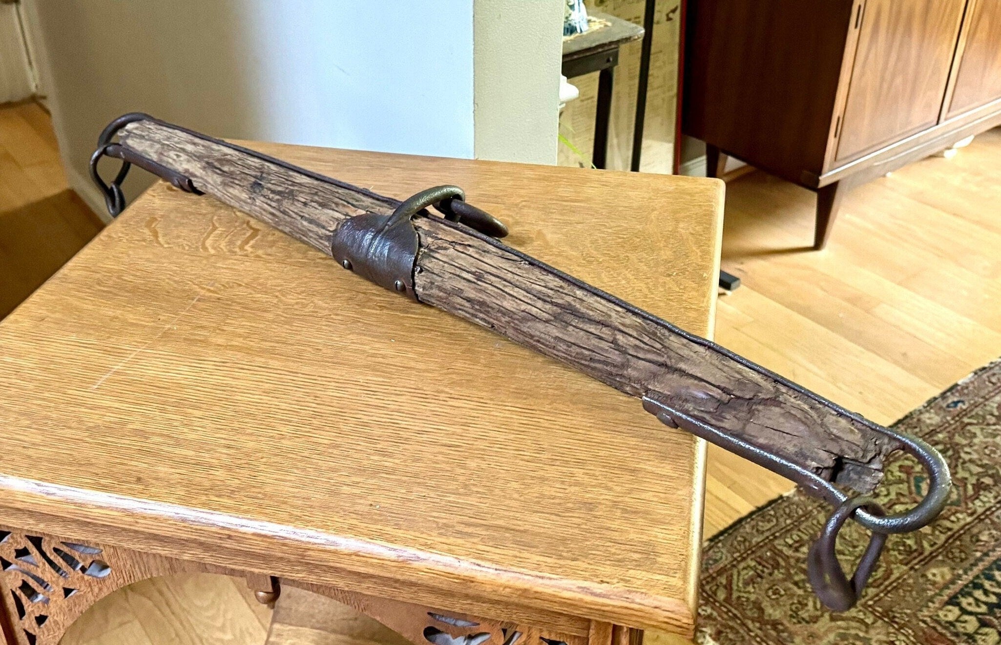 Antique Single Tree Weathered Yoke | Small Primitive Ox Yoke | Rustic Wood and Hand Forged Steel Ox Yoke | Farmhouse Decor