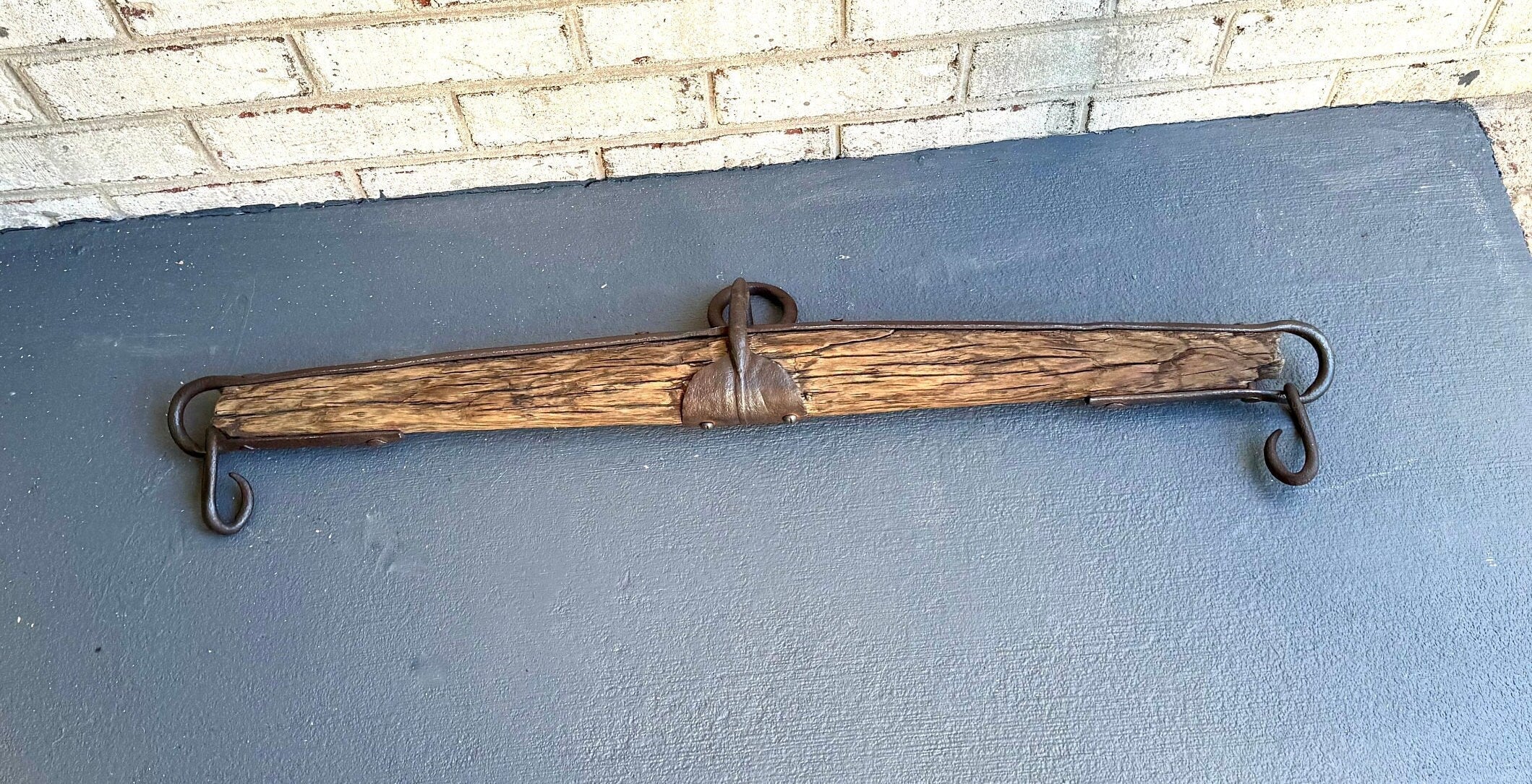 Antique Single Tree Weathered Yoke | Small Primitive Ox Yoke | Rustic Wood and Hand Forged Steel Ox Yoke | Farmhouse Decor