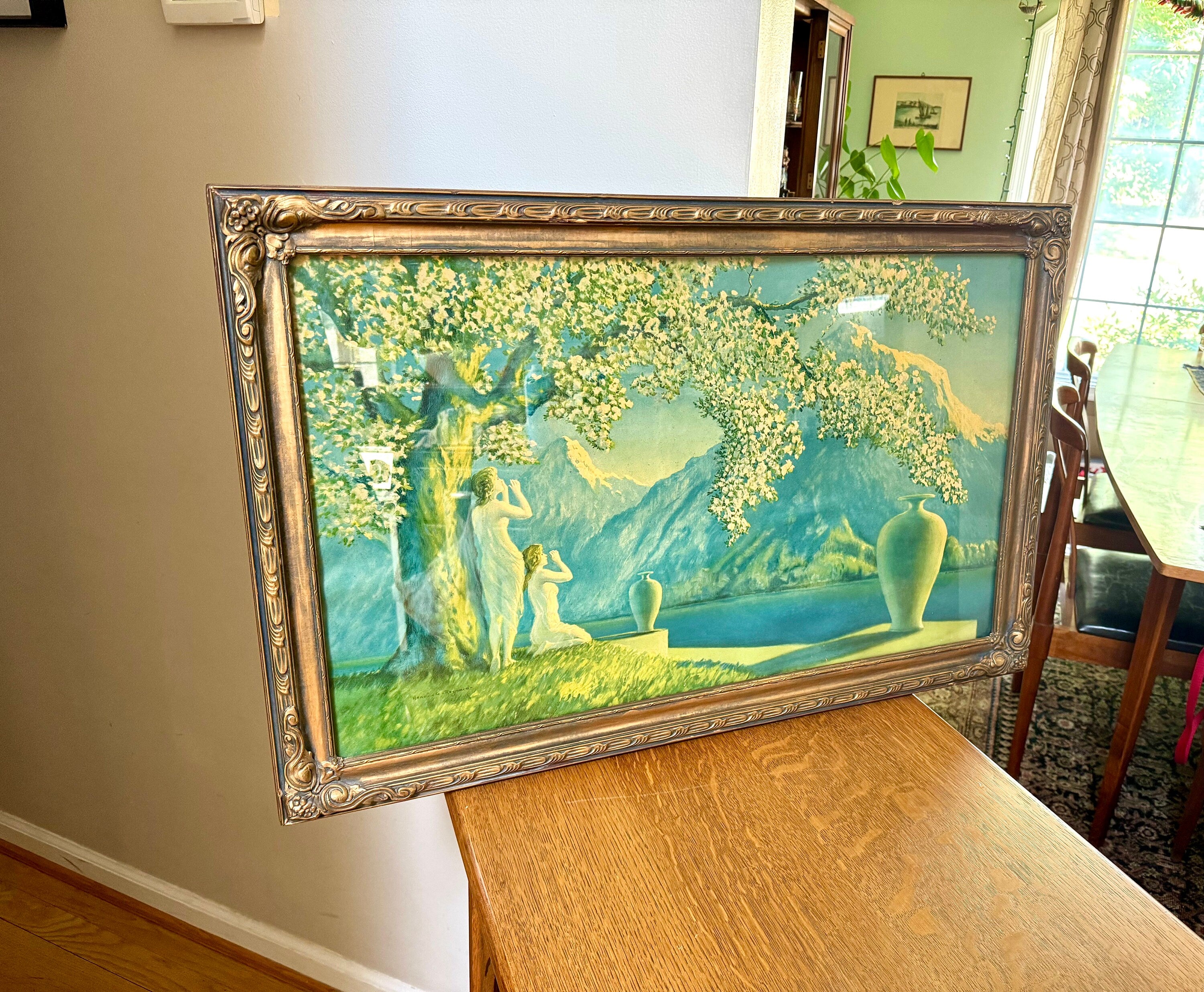 Antique 1920's Henri G. Reynard "Loves Echo" Lithograph | Framed Art Deco Loves Echo Print | Henri G Reynard Litho in Gold Ornate Frame