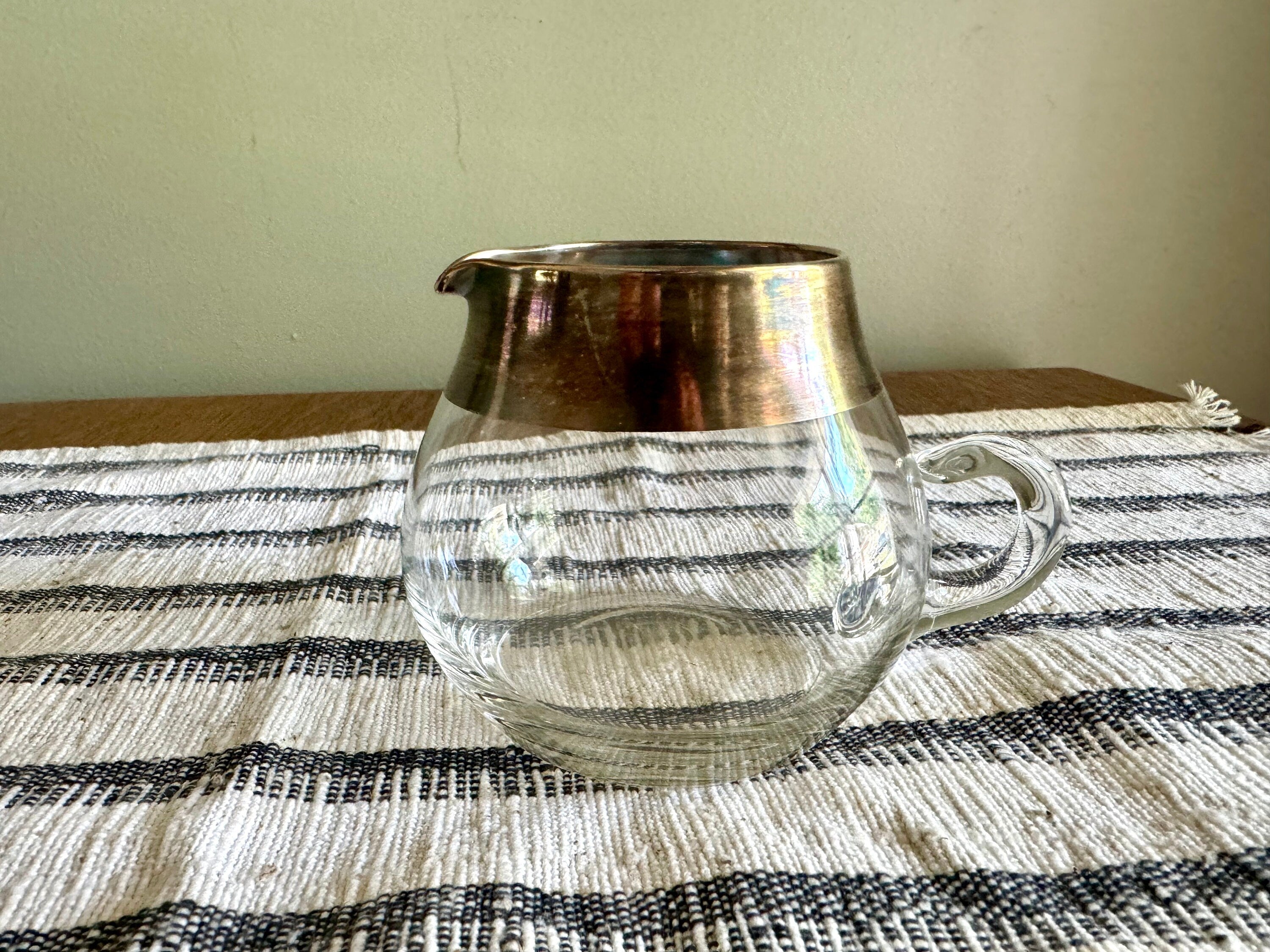 Vtg Dorothy Thorpe Creamer | Silver Rimmed Glass Creamer | MCM Glass Creamer | MCM Creamer Glass with Handle