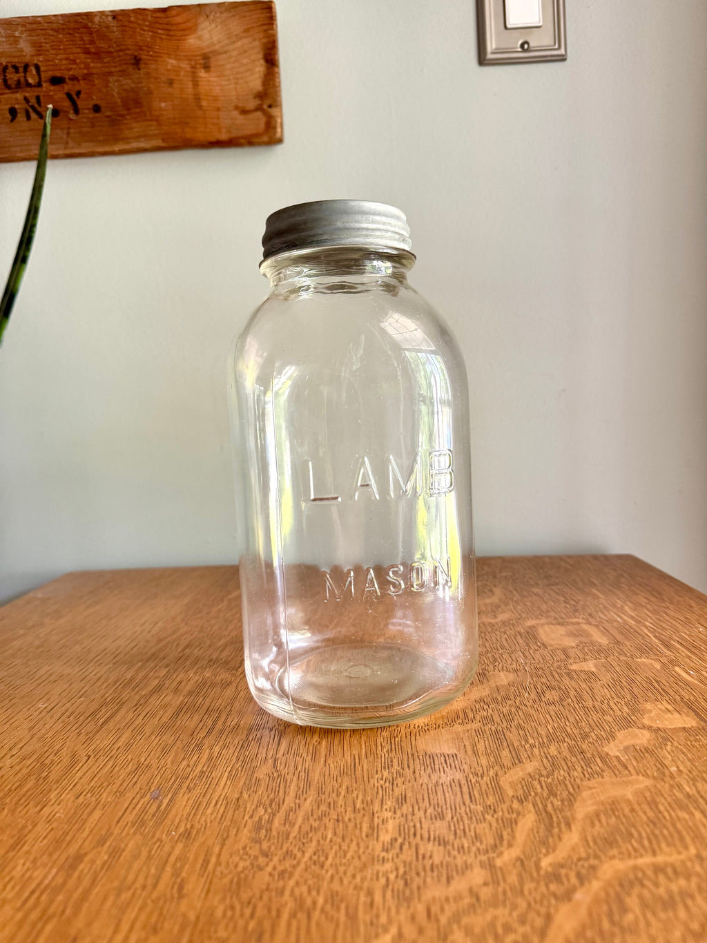 Vtg Large Lamb Mason Jar with Zinc Lid | Half Gallon 30's Lamb Mason Jar | 64 oz. Clear Lamb Mason Jar | Collectible Large Jar