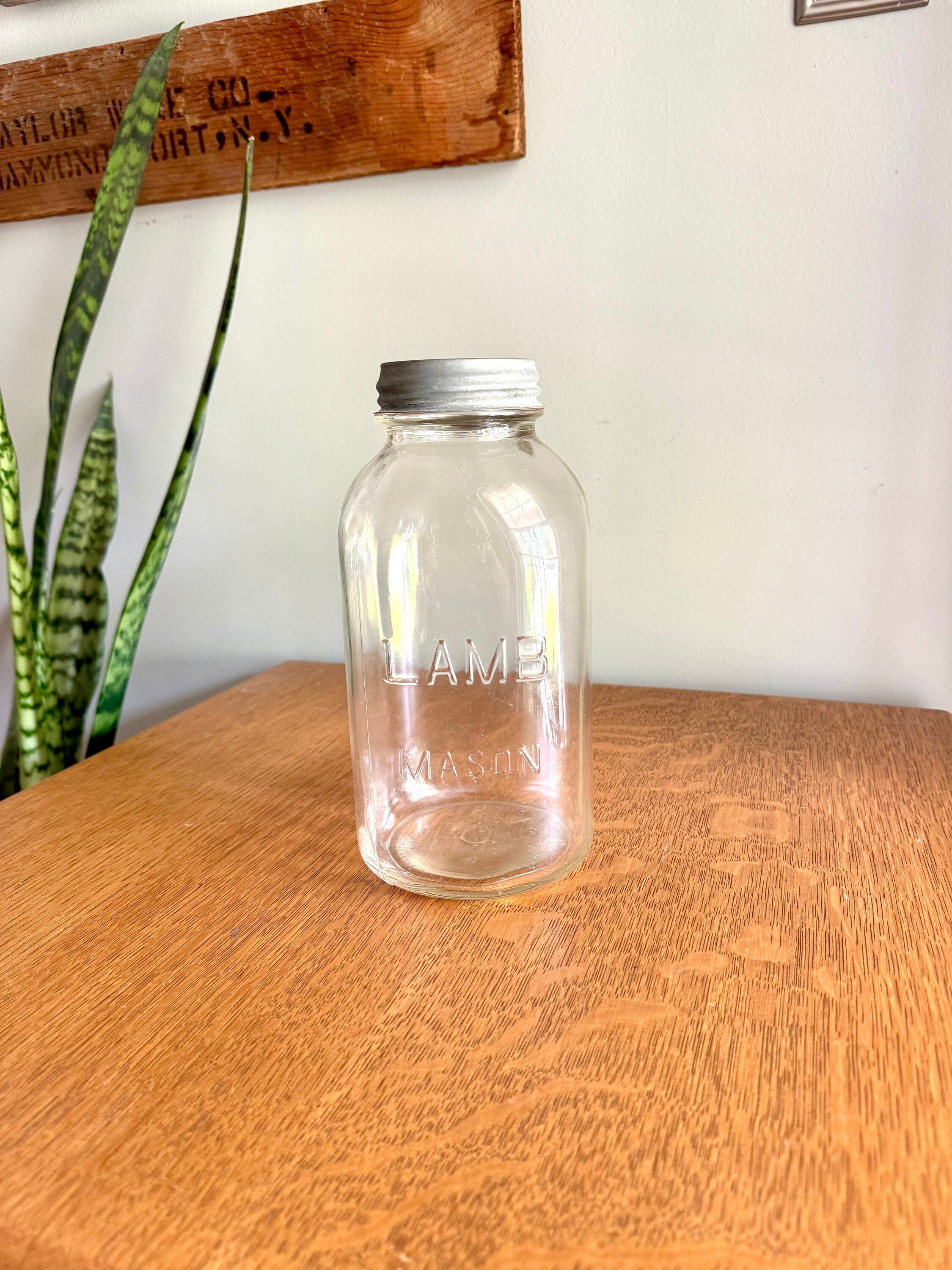 Vtg Large Lamb Mason Jar with Zinc Lid | Half Gallon 30's Lamb Mason Jar | 64 oz. Clear Lamb Mason Jar | Collectible Large Jar