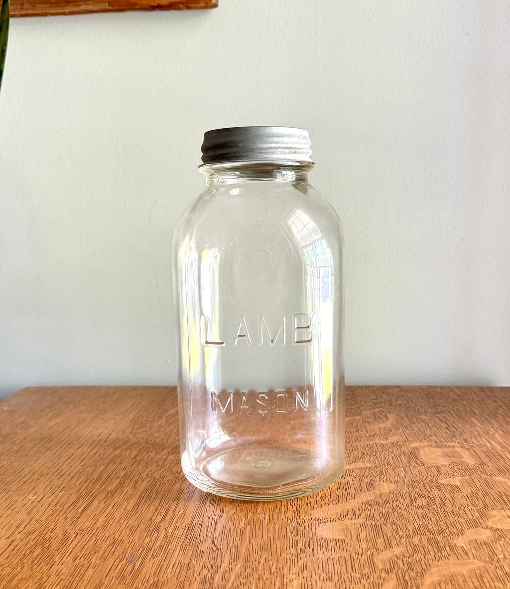 Vtg Large Lamb Mason Jar with Zinc Lid | Half Gallon 30's Lamb Mason Jar | 64 oz. Clear Lamb Mason Jar | Collectible Large Jar