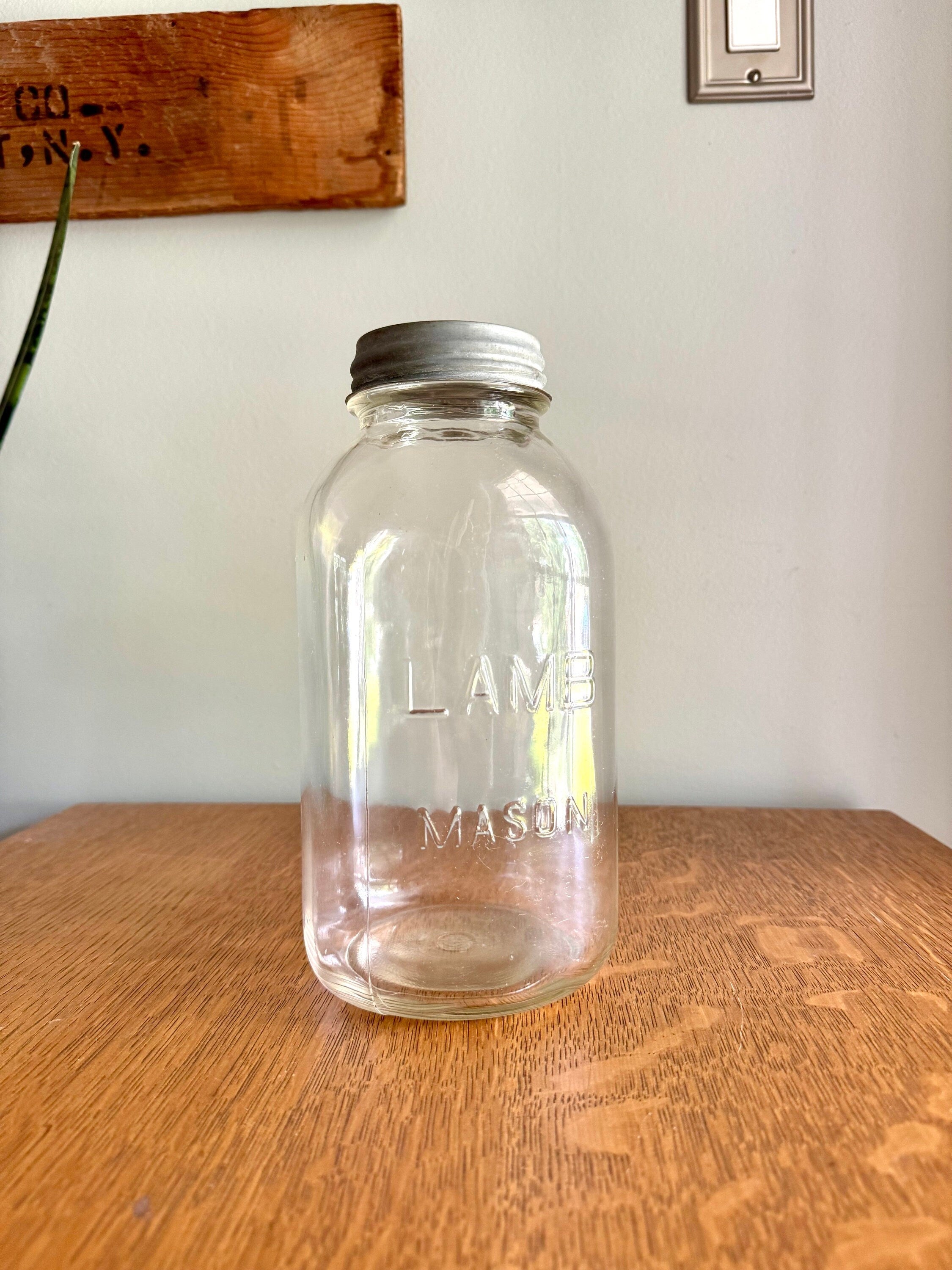 Vtg Large Lamb Mason Jar with Zinc Lid | Half Gallon 30's Lamb Mason Jar | 64 oz. Clear Lamb Mason Jar | Collectible Large Jar