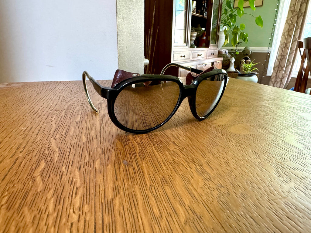 Black Bolle Mirrored Glacier Glasses | Vintage Vaurnet Mirrored Glacier Glasses | Leather Blinker Climbing Sun Glasses | Glacier Sunglasses