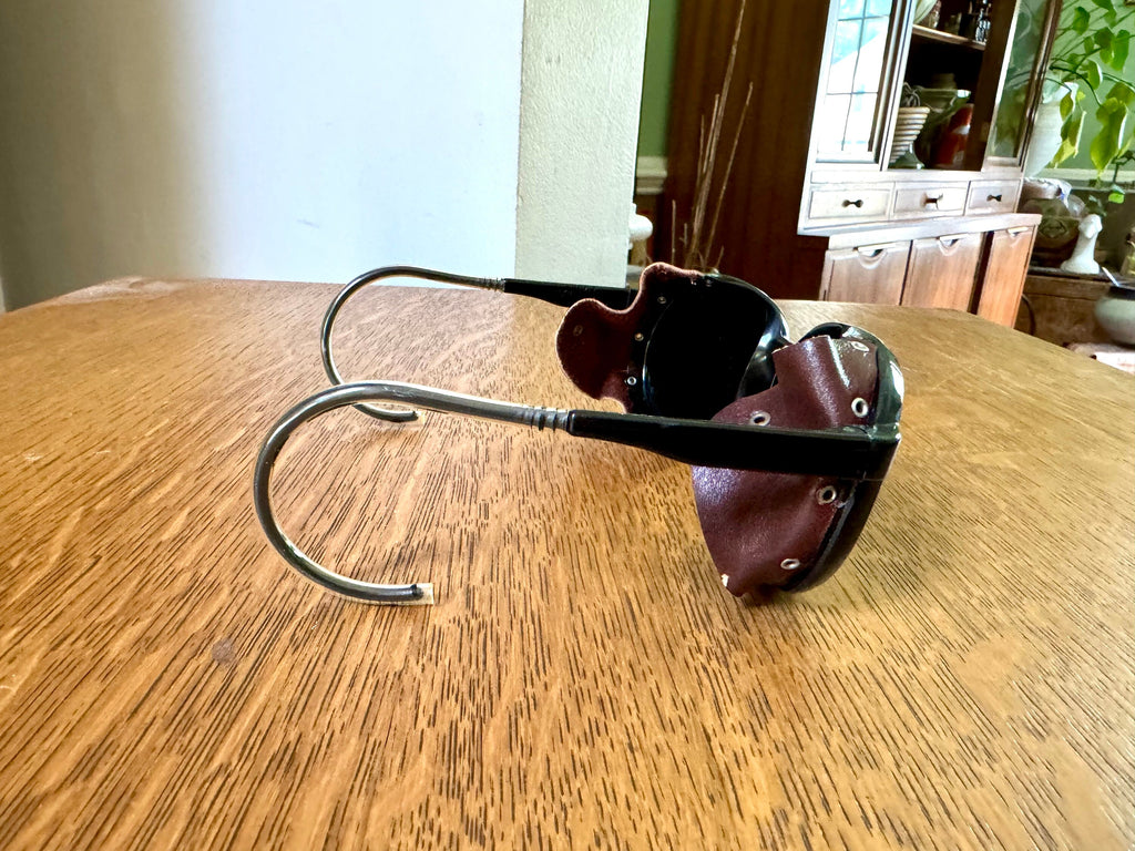 Black Bolle Mirrored Glacier Glasses | Vintage Vaurnet Mirrored Glacier Glasses | Leather Blinker Climbing Sun Glasses | Glacier Sunglasses