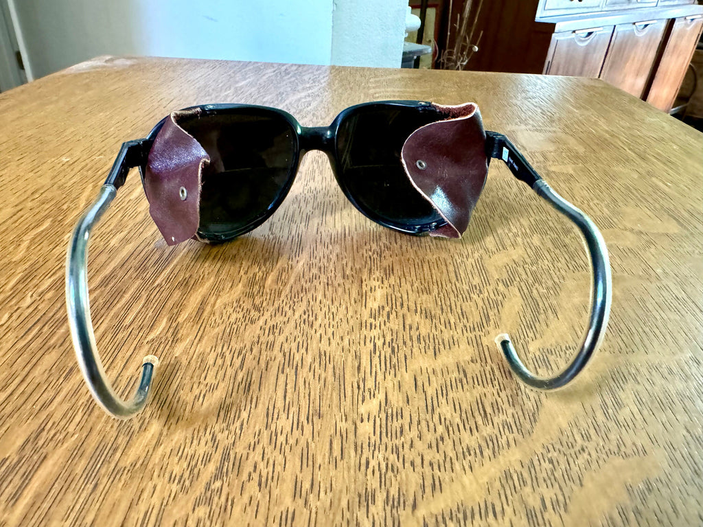 Black Bolle Mirrored Glacier Glasses | Vintage Vaurnet Mirrored Glacier Glasses | Leather Blinker Climbing Sun Glasses | Glacier Sunglasses