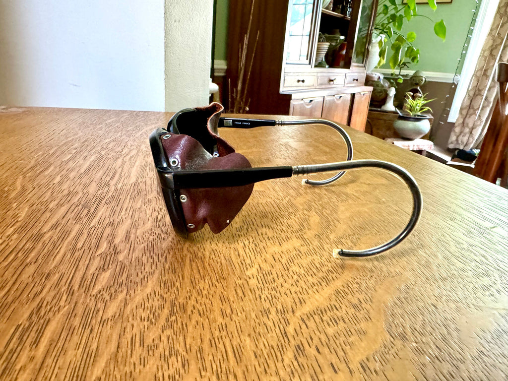 Black Bolle Mirrored Glacier Glasses | Vintage Vaurnet Mirrored Glacier Glasses | Leather Blinker Climbing Sun Glasses | Glacier Sunglasses