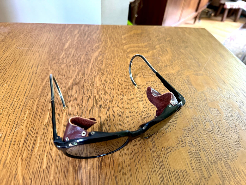 Black Bolle Mirrored Glacier Glasses | Vintage Vaurnet Mirrored Glacier Glasses | Leather Blinker Climbing Sun Glasses | Glacier Sunglasses