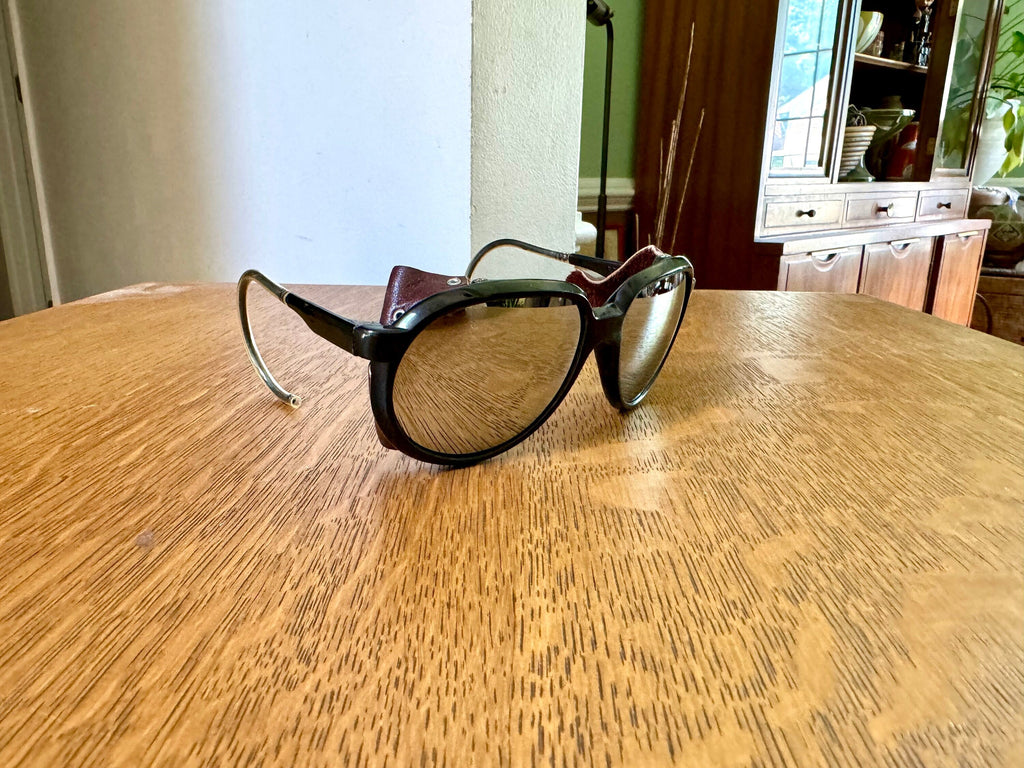 Black Bolle Mirrored Glacier Glasses | Vintage Vaurnet Mirrored Glacier Glasses | Leather Blinker Climbing Sun Glasses | Glacier Sunglasses