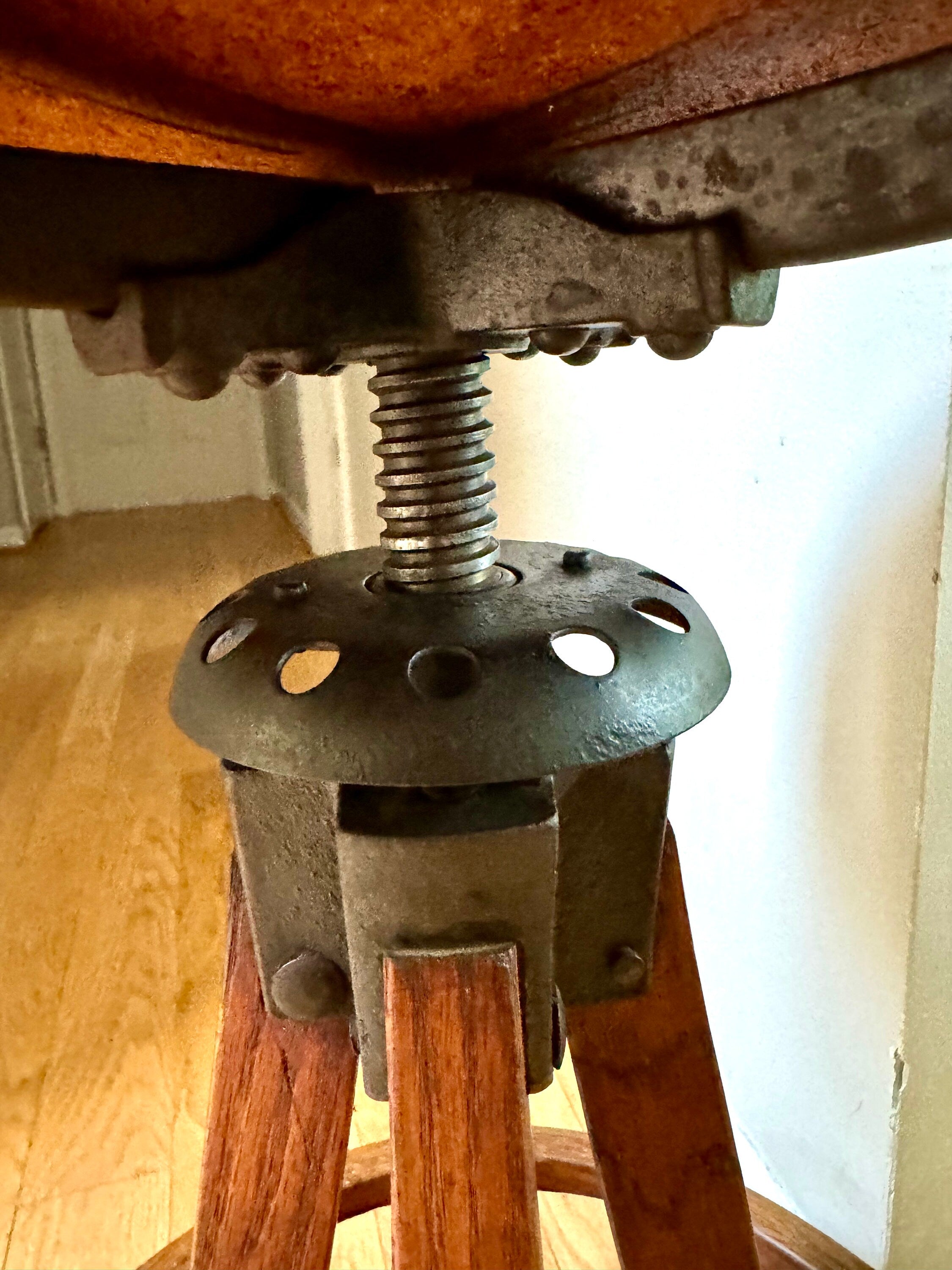 Antique Leather Top Wood and Cast Iron Adjustable Stool | Leather Top Wood Stool | Wooden Drafting Stool | Adjustable Draftsman Stool