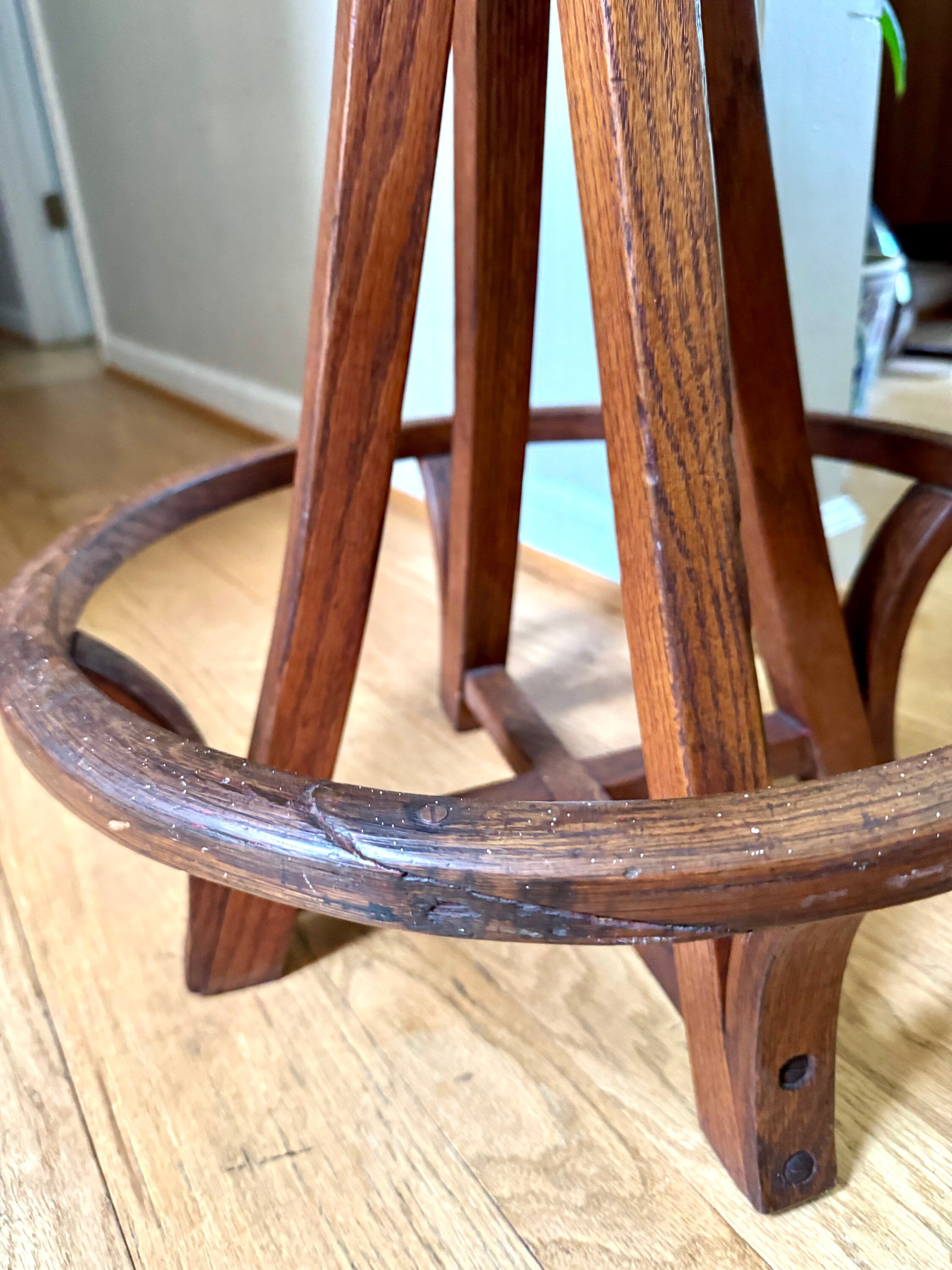 Antique Leather Top Wood and Cast Iron Adjustable Stool | Leather Top Wood Stool | Wooden Drafting Stool | Adjustable Draftsman Stool