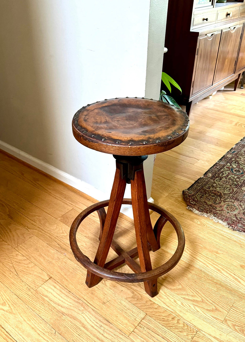 Antique Leather Top Wood and Cast Iron Adjustable Stool | Leather Top Wood Stool | Wooden Drafting Stool | Adjustable Draftsman Stool