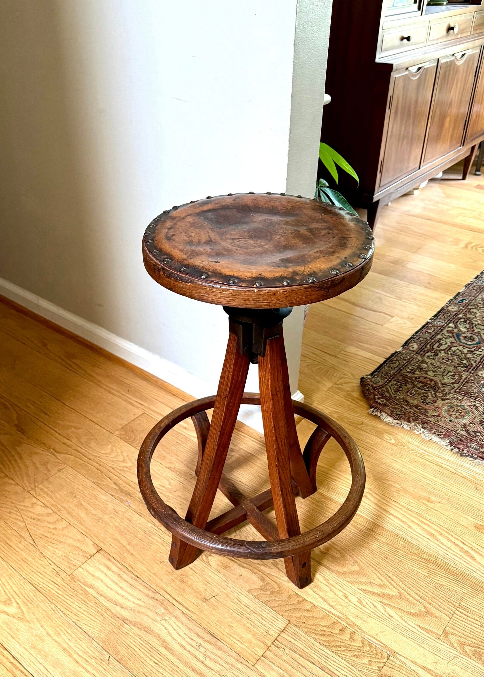 Antique Leather Top Wood and Cast Iron Adjustable Stool | Leather Top Wood Stool | Wooden Drafting Stool | Adjustable Draftsman Stool