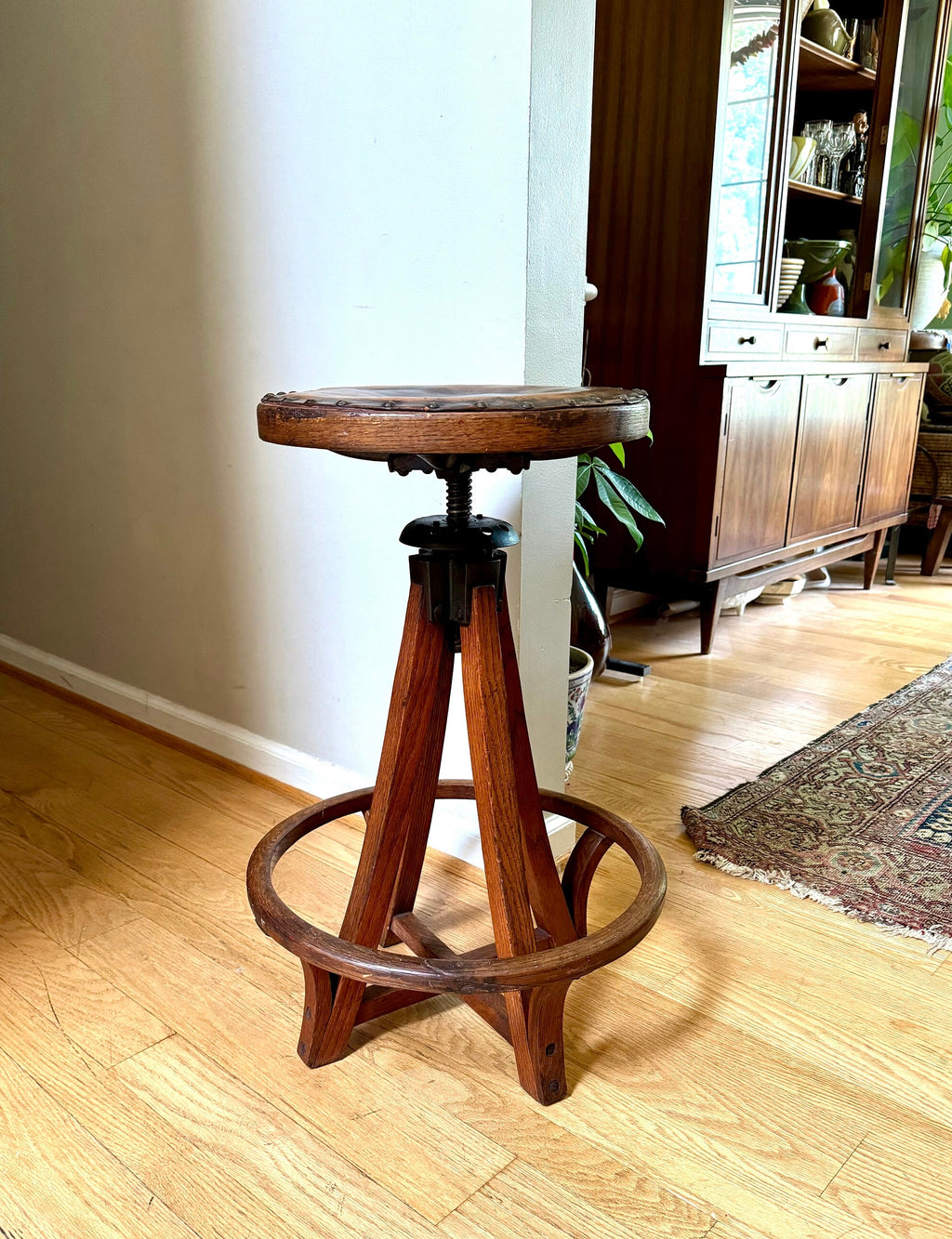 Antique Leather Top Wood and Cast Iron Adjustable Stool | Leather Top Wood Stool | Wooden Drafting Stool | Adjustable Draftsman Stool