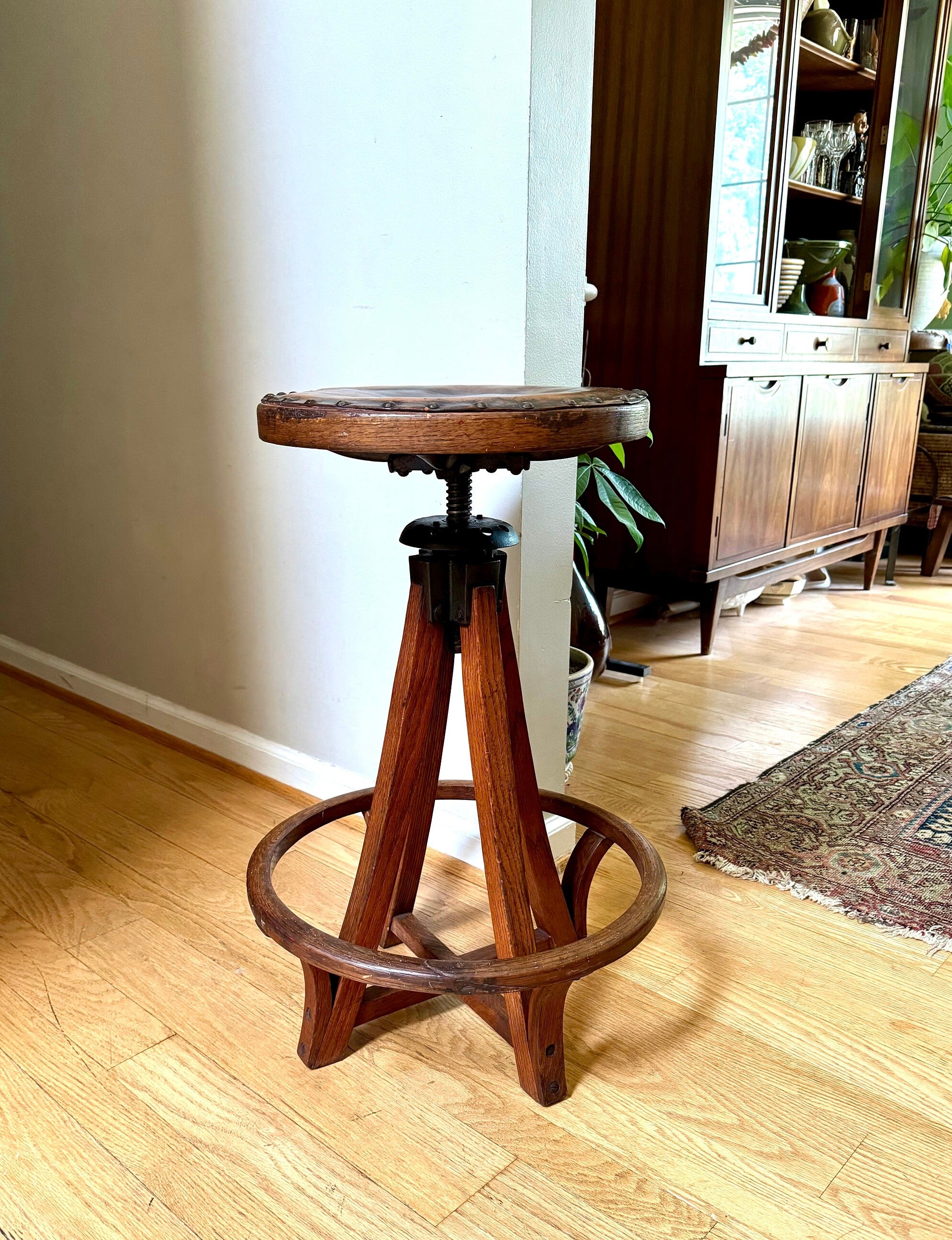 Antique Leather Top Wood and Cast Iron Adjustable Stool | Leather Top Wood Stool | Wooden Drafting Stool | Adjustable Draftsman Stool