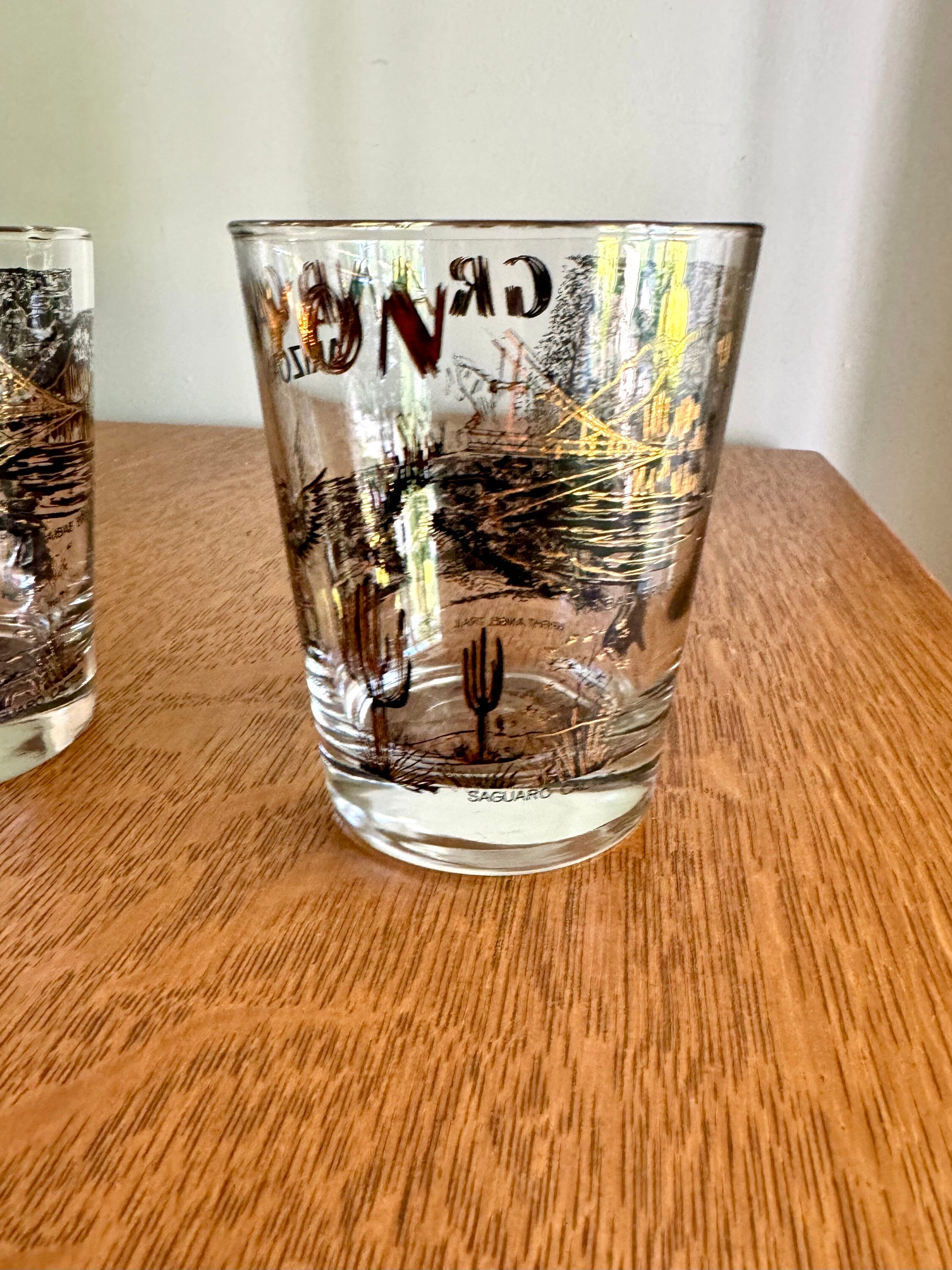 Vtg Set of 2 Arizona Grand Canyon Lowball Glasses | Grand Canyon Rocks Glasses | Black and Gold Grand Canyon Whiskey Glasses