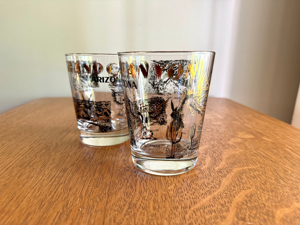 Vtg Set of 2 Arizona Grand Canyon Lowball Glasses | Grand Canyon Rocks Glasses | Black and Gold Grand Canyon Whiskey Glasses
