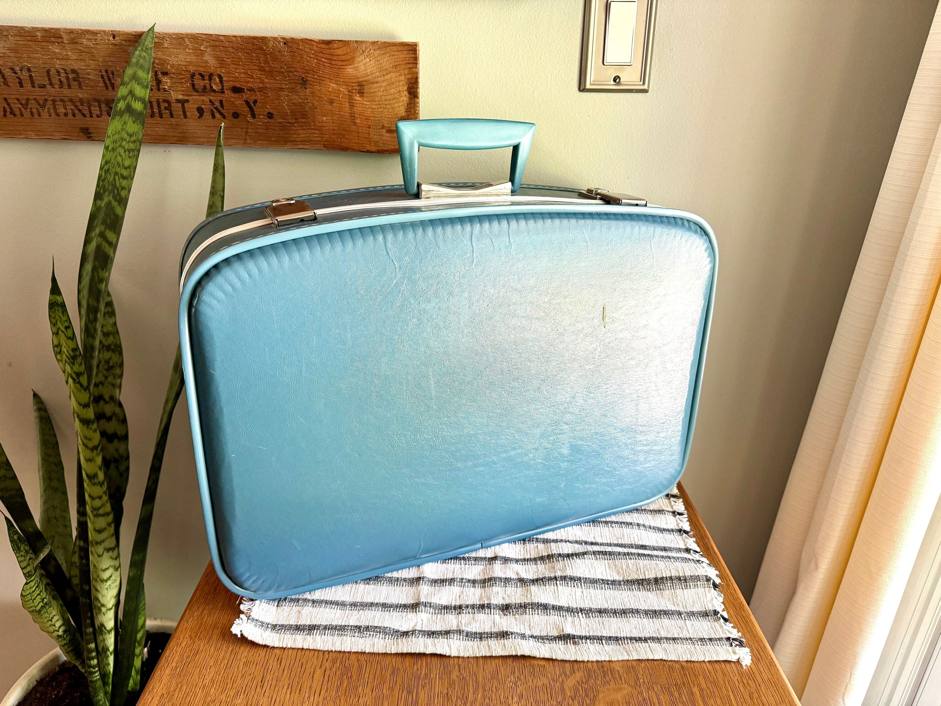 Pair of Small Blue Vinyl Suitcases | Vintage Blue Vinyl Overnight Bags | Small Blue Vinyl Weekenders | Nesting Suitcases | Blue Kids Suitcase