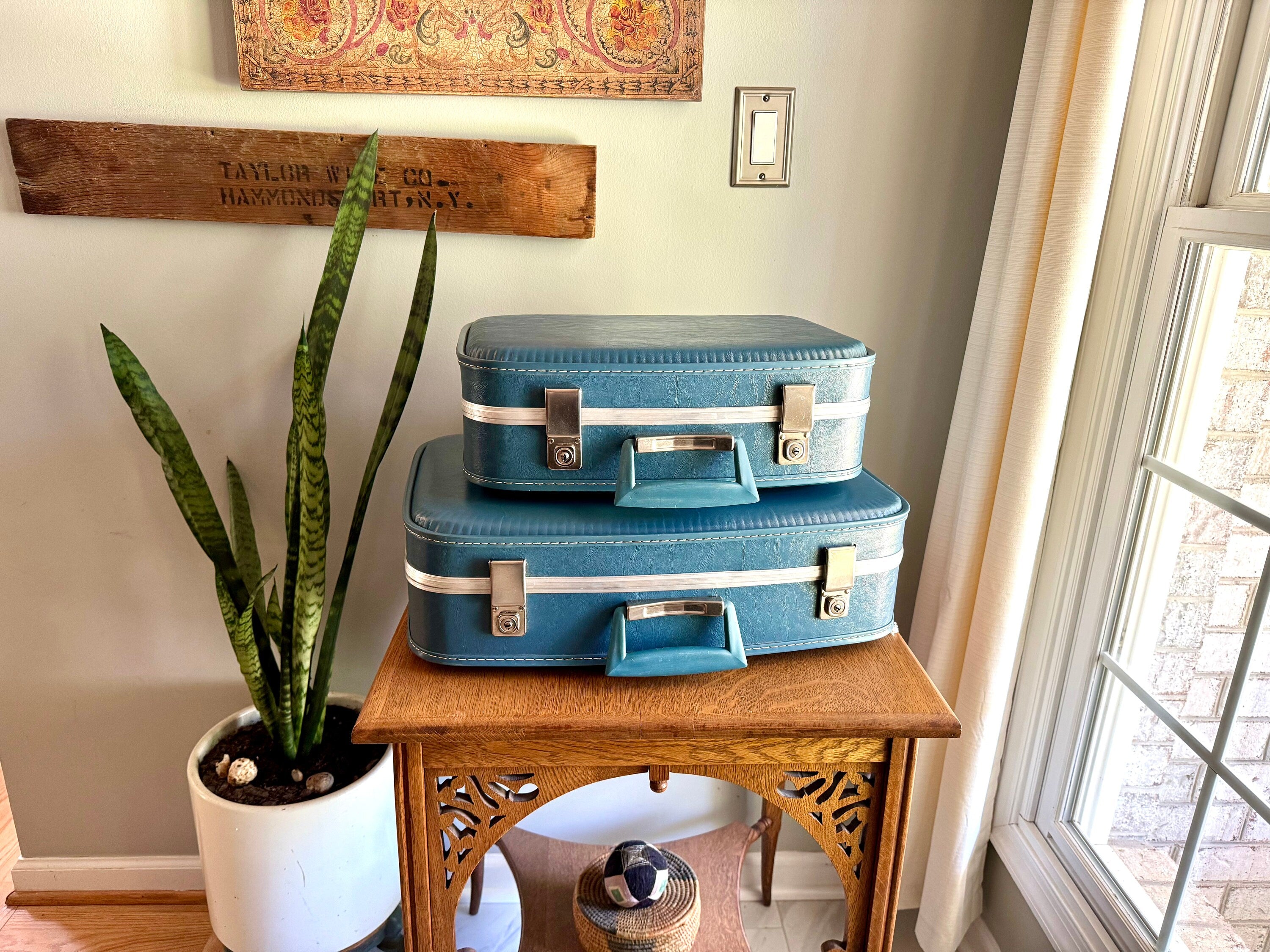 Pair of Small Blue Vinyl Suitcases | Vintage Blue Vinyl Overnight Bags | Small Blue Vinyl Weekenders | Nesting Suitcases | Blue Kids Suitcase