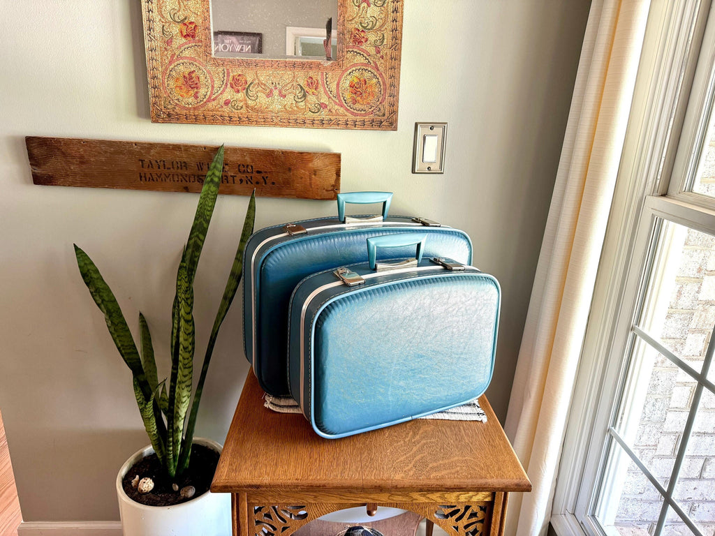 Pair of Small Blue Vinyl Suitcases | Vintage Blue Vinyl Overnight Bags | Small Blue Vinyl Weekenders | Nesting Suitcases | Blue Kids Suitcase