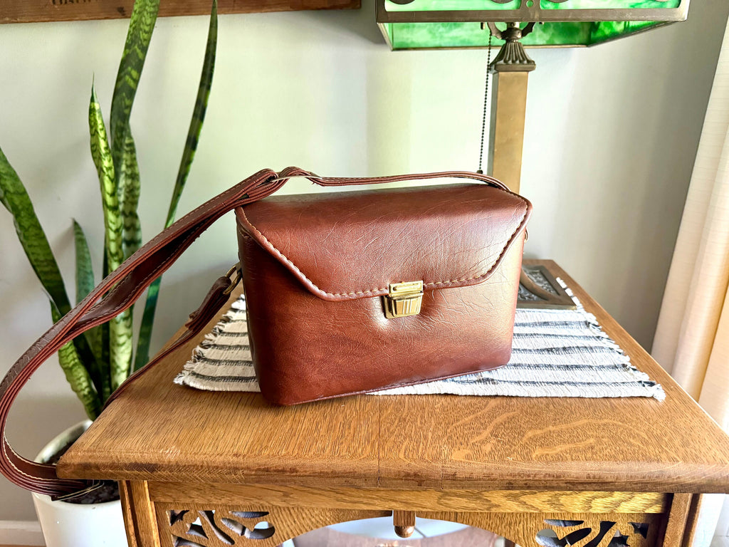 Faux Leather Shoulder Bag | Vintage Brown Marbled Vinyl Camera Bag | Retro Camera Bag With Key | Vegan Leather Handbag | Brown Vinyl Bag