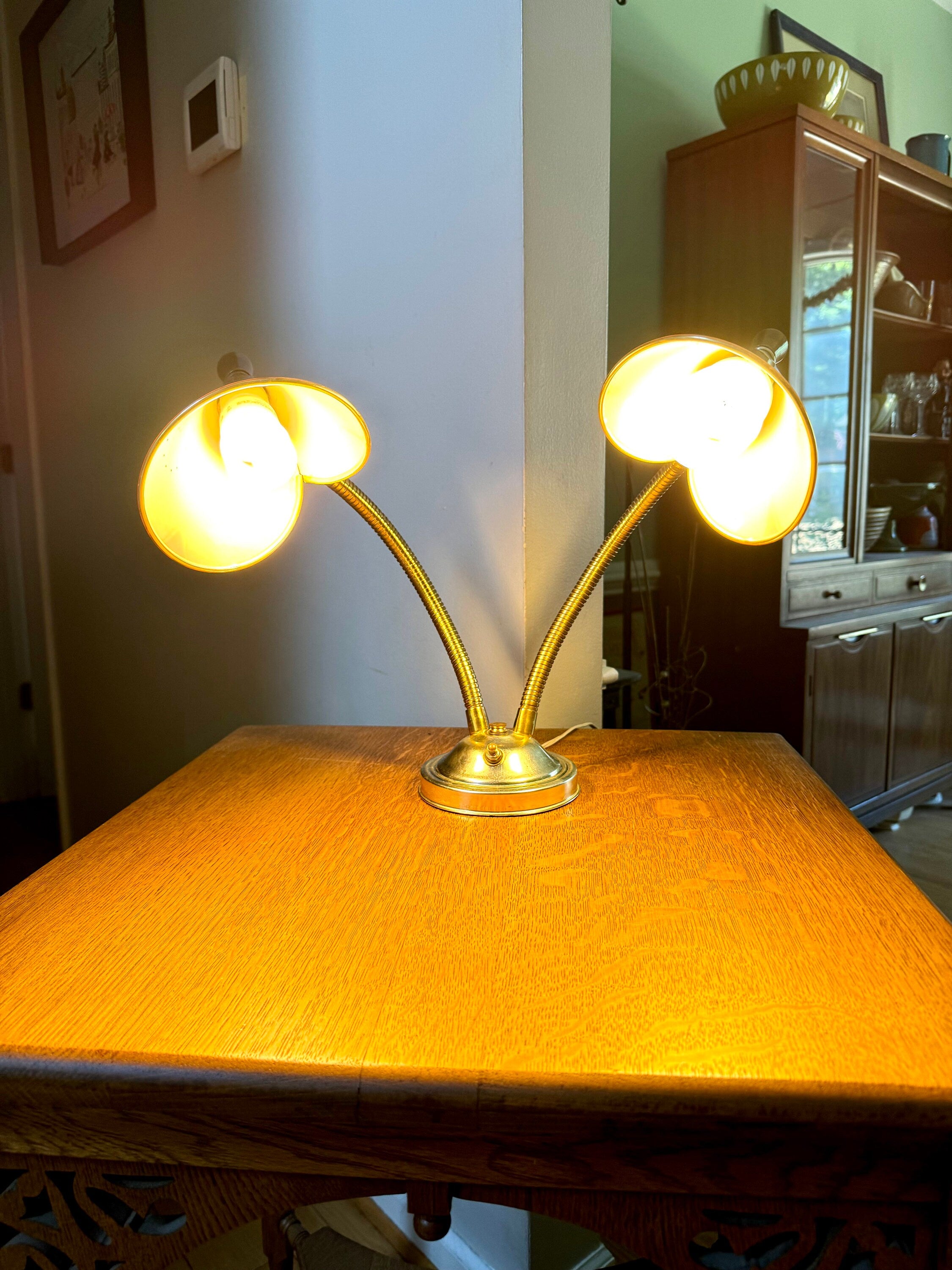 Vtg MCM Double Gooseneck Desk Lamp | Faux Woodgrain Mid Century Modern Gooseneck Desk Lamp | Atomic Double Fixture Adjustable Lamp