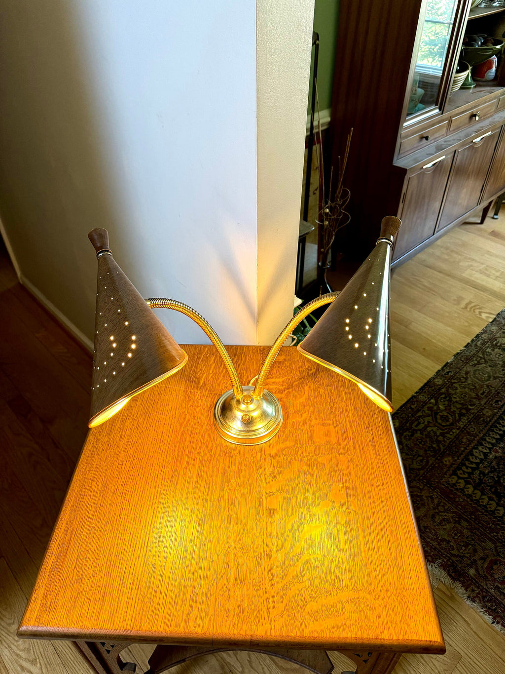 Vtg MCM Double Gooseneck Desk Lamp | Faux Woodgrain Mid Century Modern Gooseneck Desk Lamp | Atomic Double Fixture Adjustable Lamp