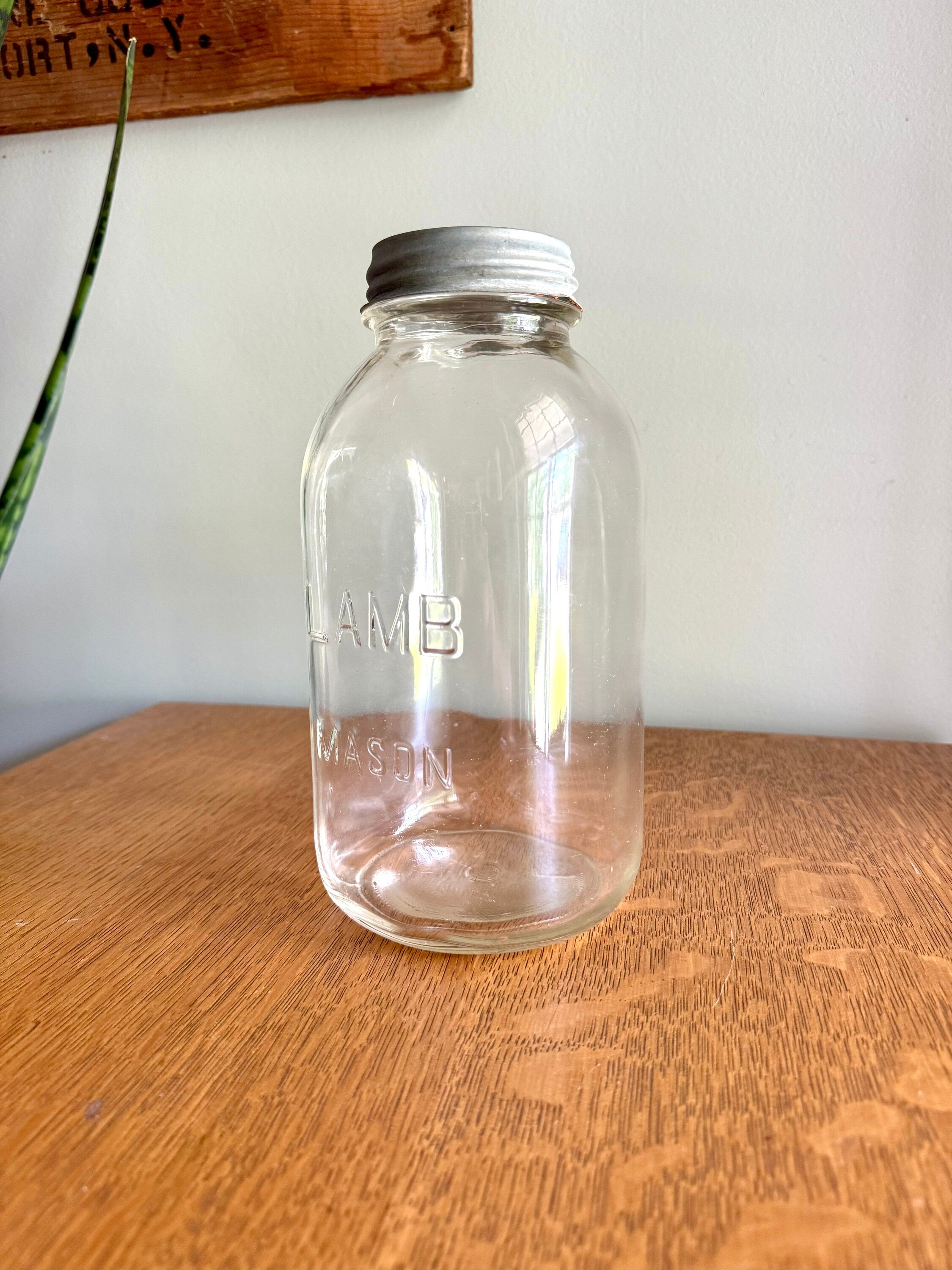 Vtg Large Lamb Mason Jar with Zinc Lid | Half Gallon 30's Lamb Mason Jar | 64 oz. Clear Lamb Mason Jar | Collectible Large Jar