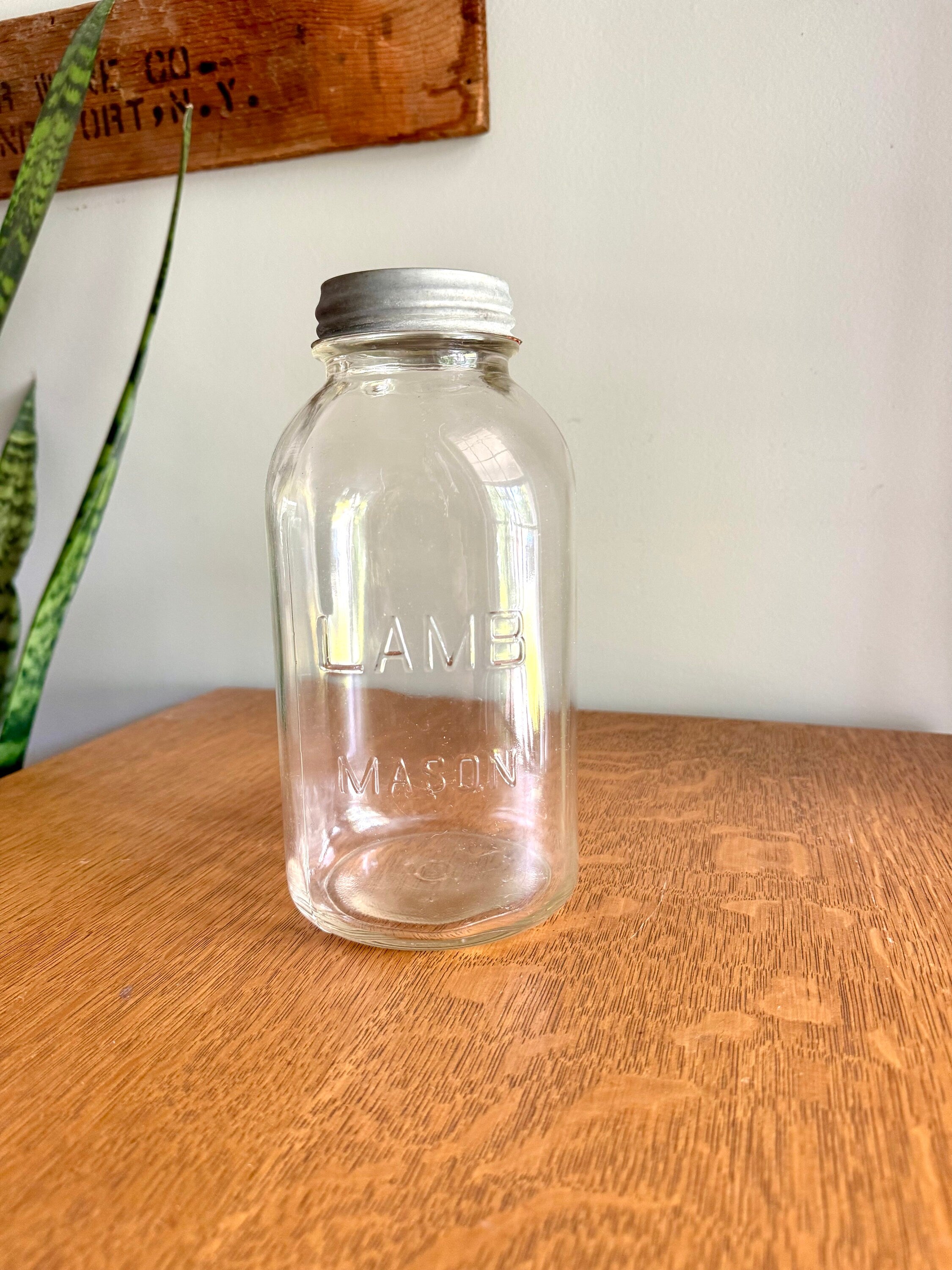 Vtg Large Lamb Mason Jar with Zinc Lid | Half Gallon 30's Lamb Mason Jar | 64 oz. Clear Lamb Mason Jar | Collectible Large Jar