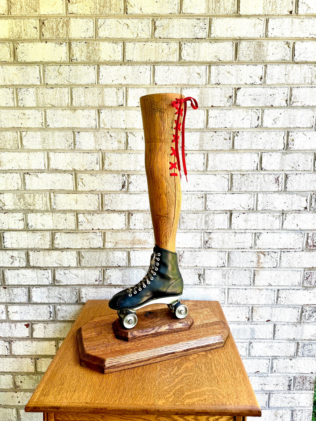 Vtg Wooden Leg and Roller Skate Sculpture | Roller Derby Leg Statue | Ladies Leg and Roller Skate Dry Vase | Roller Derby Art Sculpture