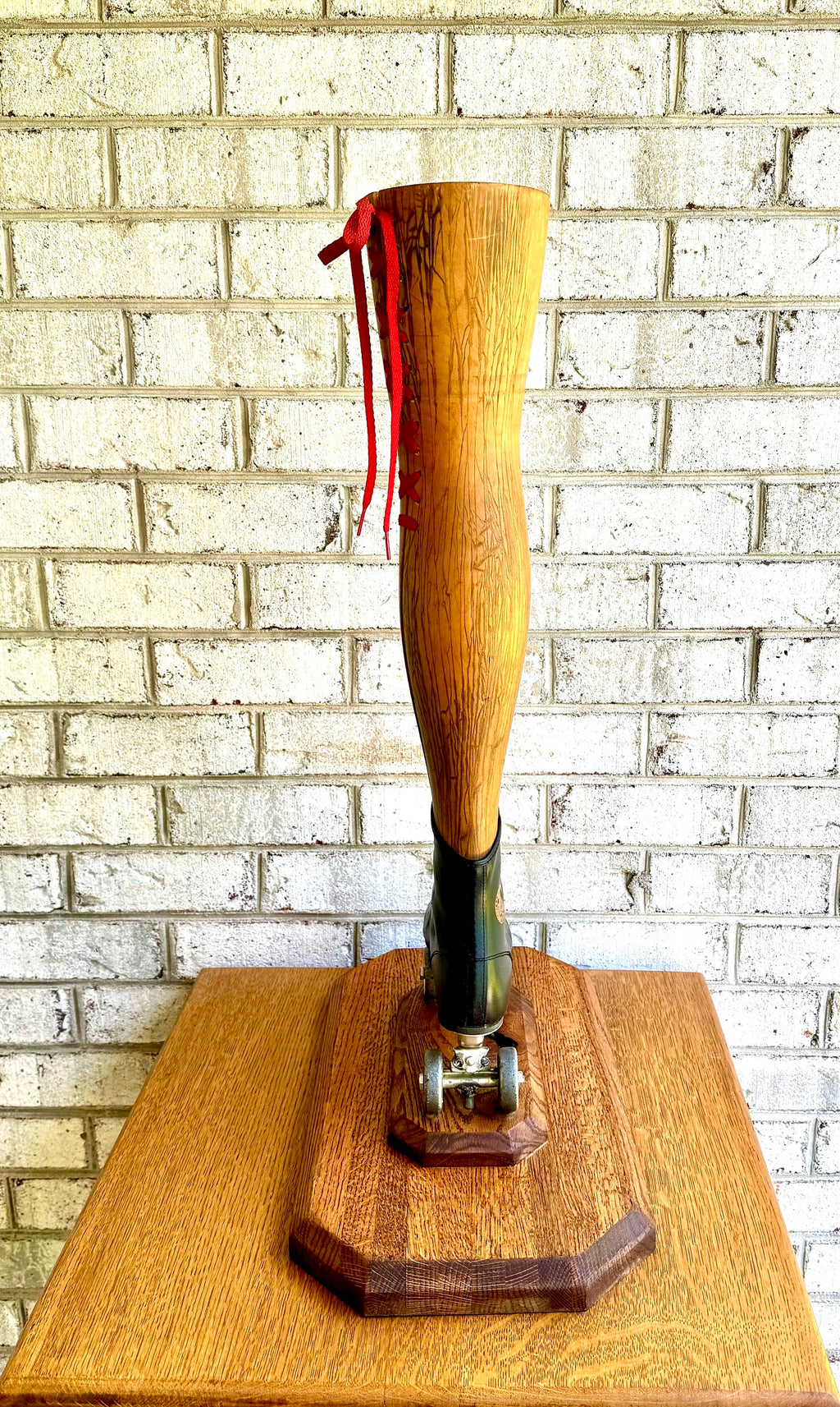 Vtg Wooden Leg and Roller Skate Sculpture | Roller Derby Leg Statue | Ladies Leg and Roller Skate Dry Vase | Roller Derby Art Sculpture