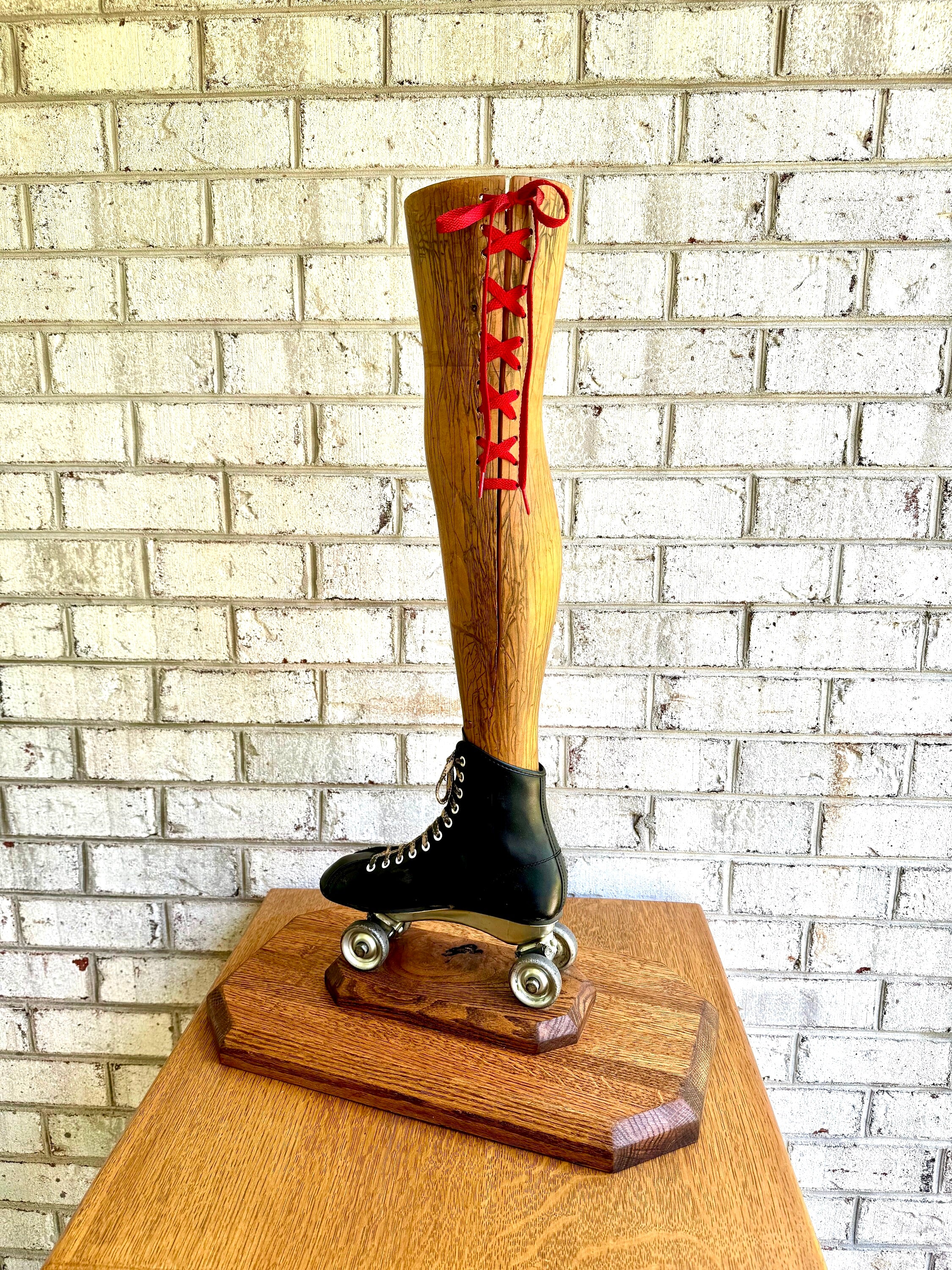 Vtg Wooden Leg and Roller Skate Sculpture | Roller Derby Leg Statue | Ladies Leg and Roller Skate Dry Vase | Roller Derby Art Sculpture