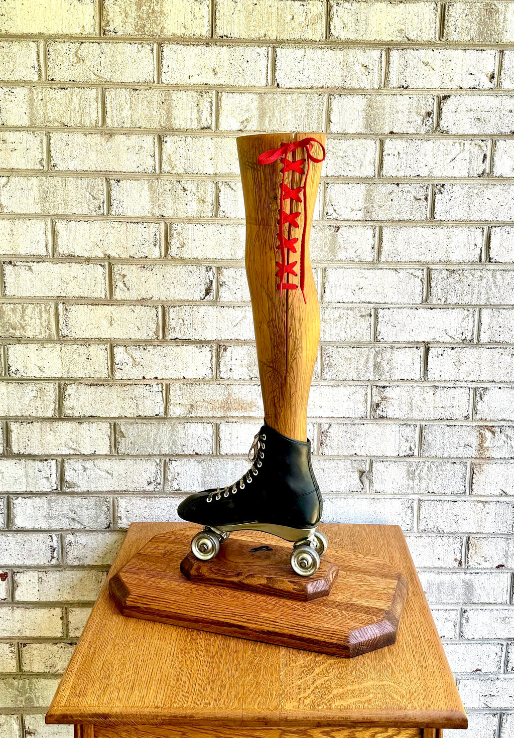 Vtg Wooden Leg and Roller Skate Sculpture | Roller Derby Leg Statue | Ladies Leg and Roller Skate Dry Vase | Roller Derby Art Sculpture