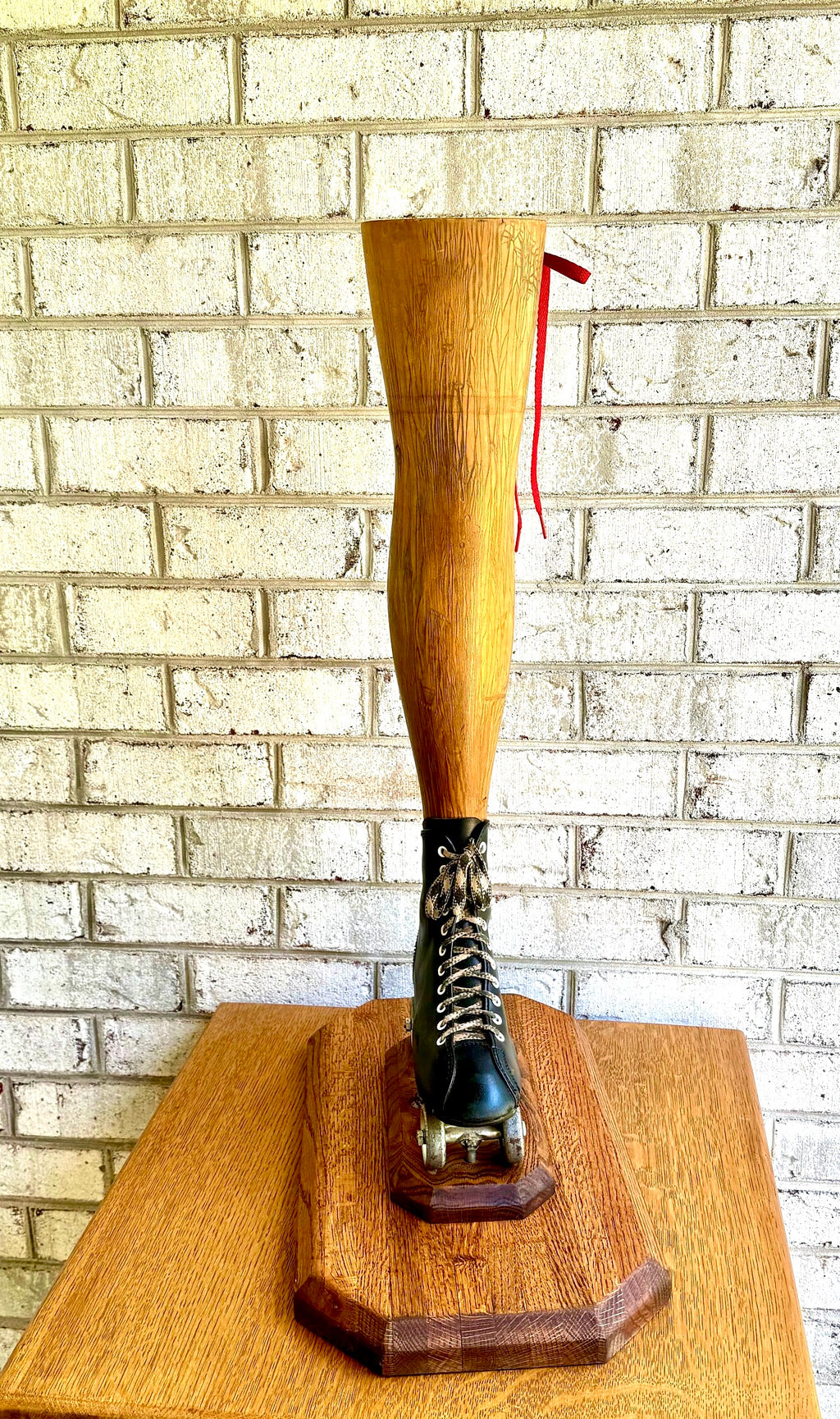Vtg Wooden Leg and Roller Skate Sculpture | Roller Derby Leg Statue | Ladies Leg and Roller Skate Dry Vase | Roller Derby Art Sculpture