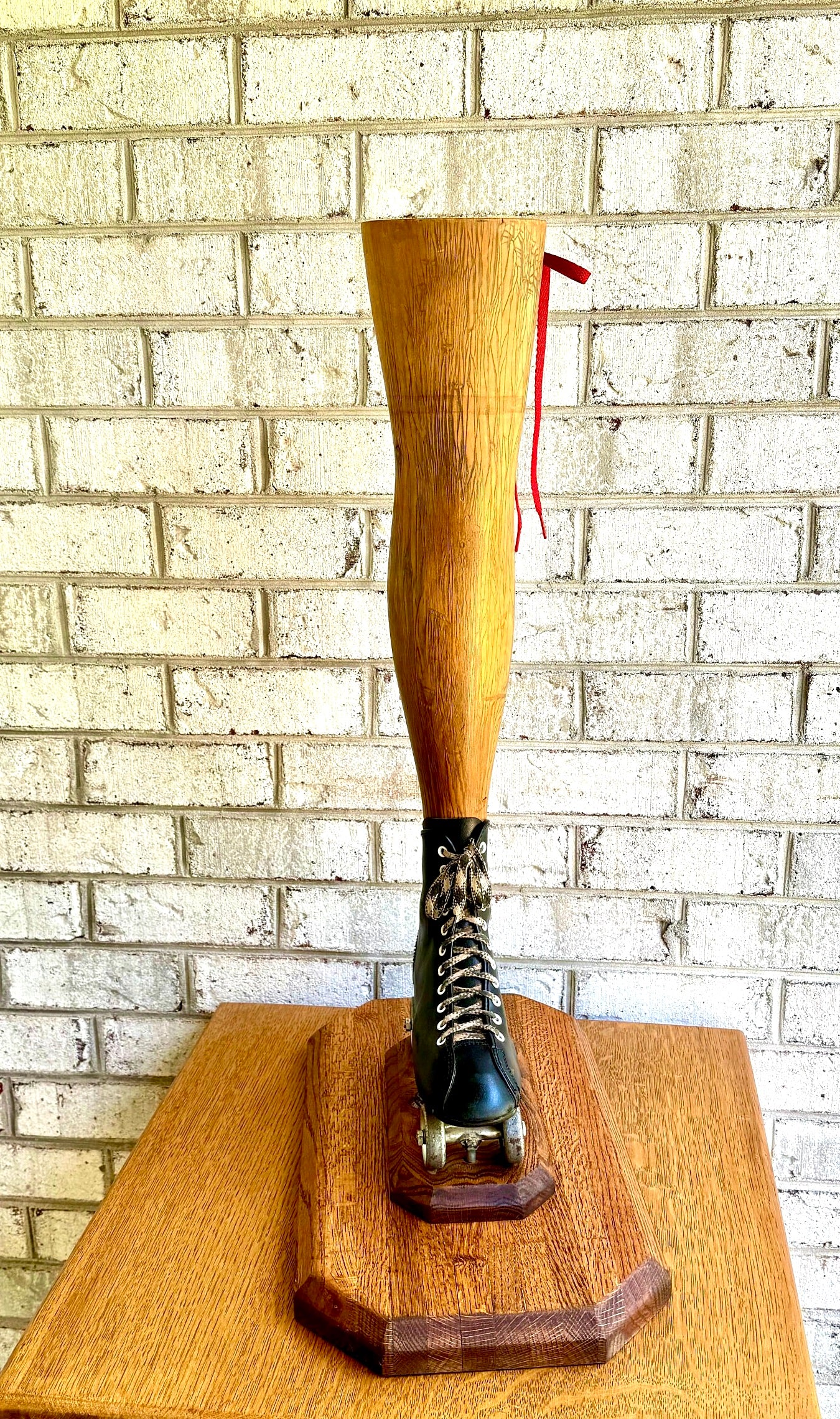 Vtg Wooden Leg and Roller Skate Sculpture | Roller Derby Leg Statue | Ladies Leg and Roller Skate Dry Vase | Roller Derby Art Sculpture