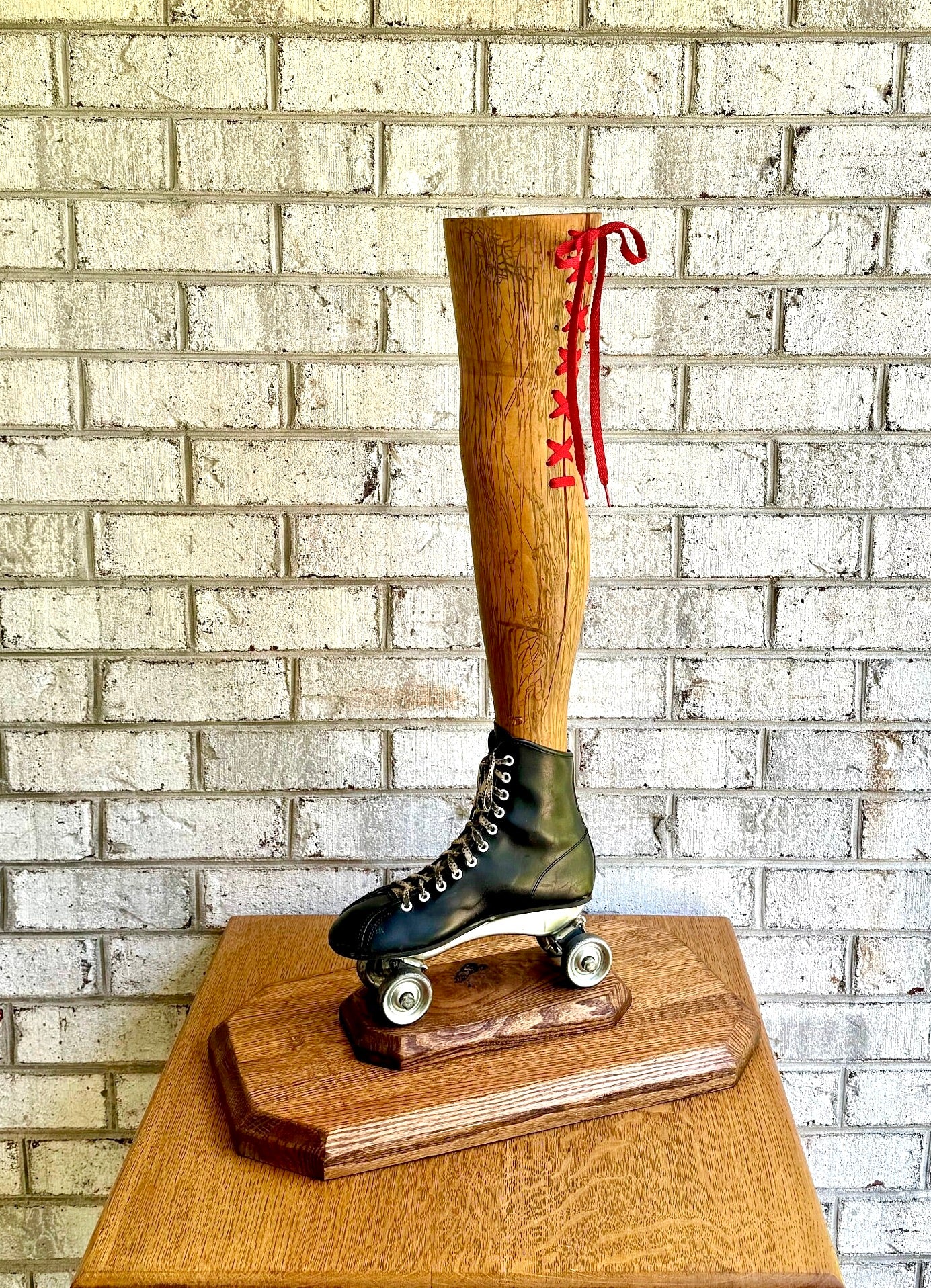Vtg Wooden Leg and Roller Skate Sculpture | Roller Derby Leg Statue | Ladies Leg and Roller Skate Dry Vase | Roller Derby Art Sculpture