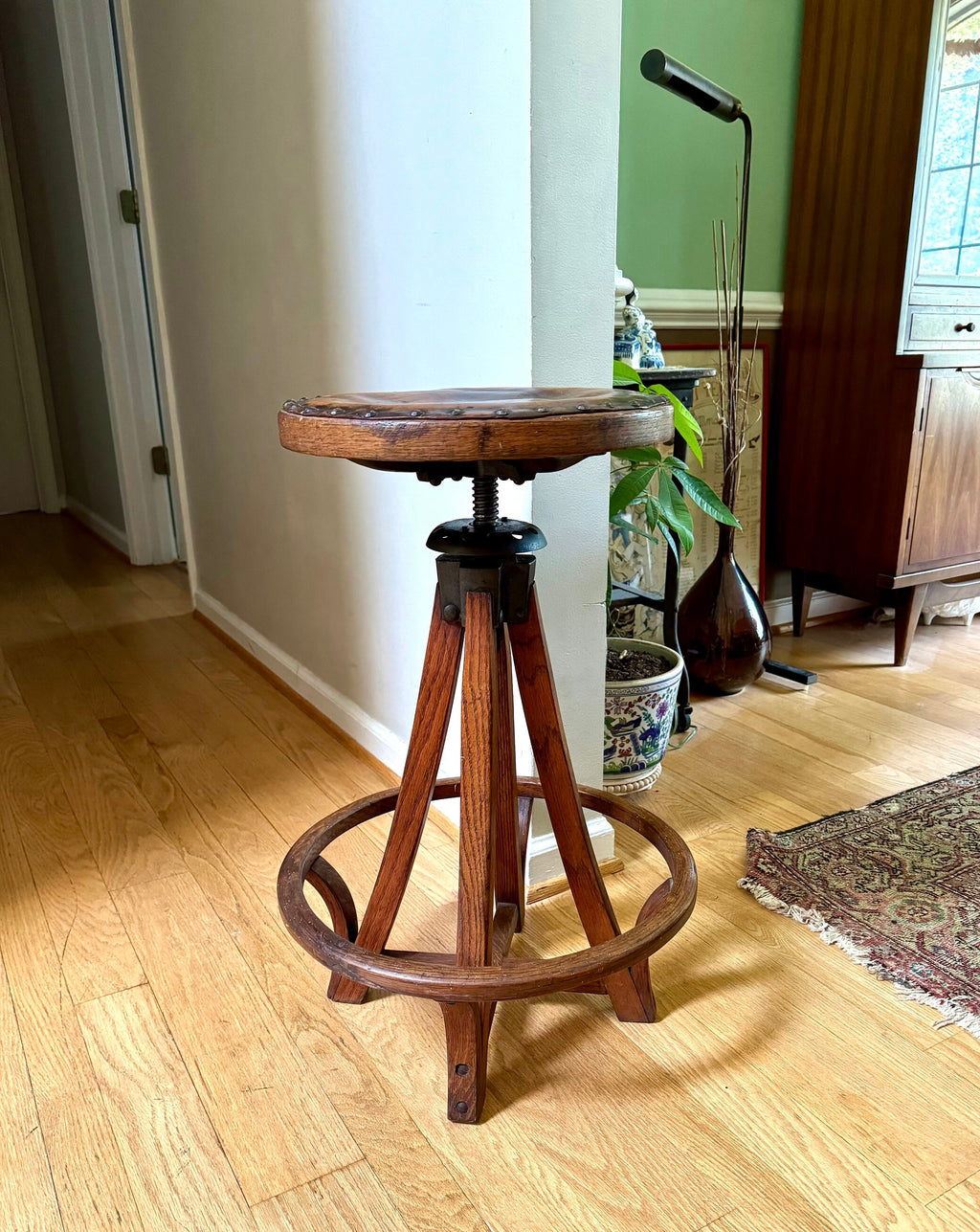 Antique Leather Top Wood and Cast Iron Adjustable Stool | Leather Top Wood Stool | Wooden Drafting Stool | Adjustable Draftsman Stool