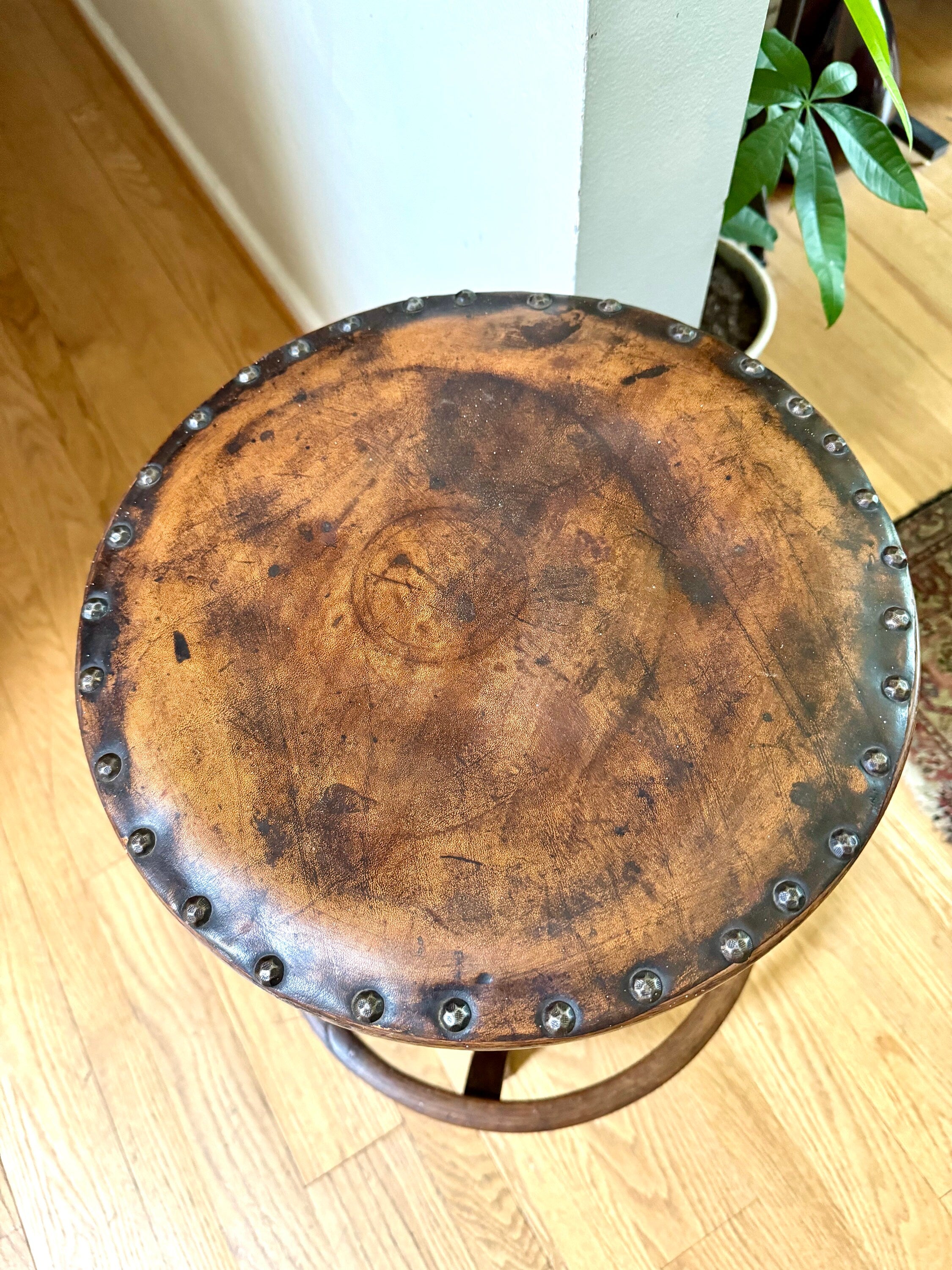 Antique Leather Top Wood and Cast Iron Adjustable Stool | Leather Top Wood Stool | Wooden Drafting Stool | Adjustable Draftsman Stool